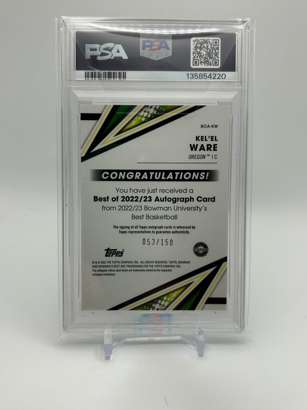2022-23 Bowman University Best Kel'El Ware Blue Refractor Auto /150 PSA 9