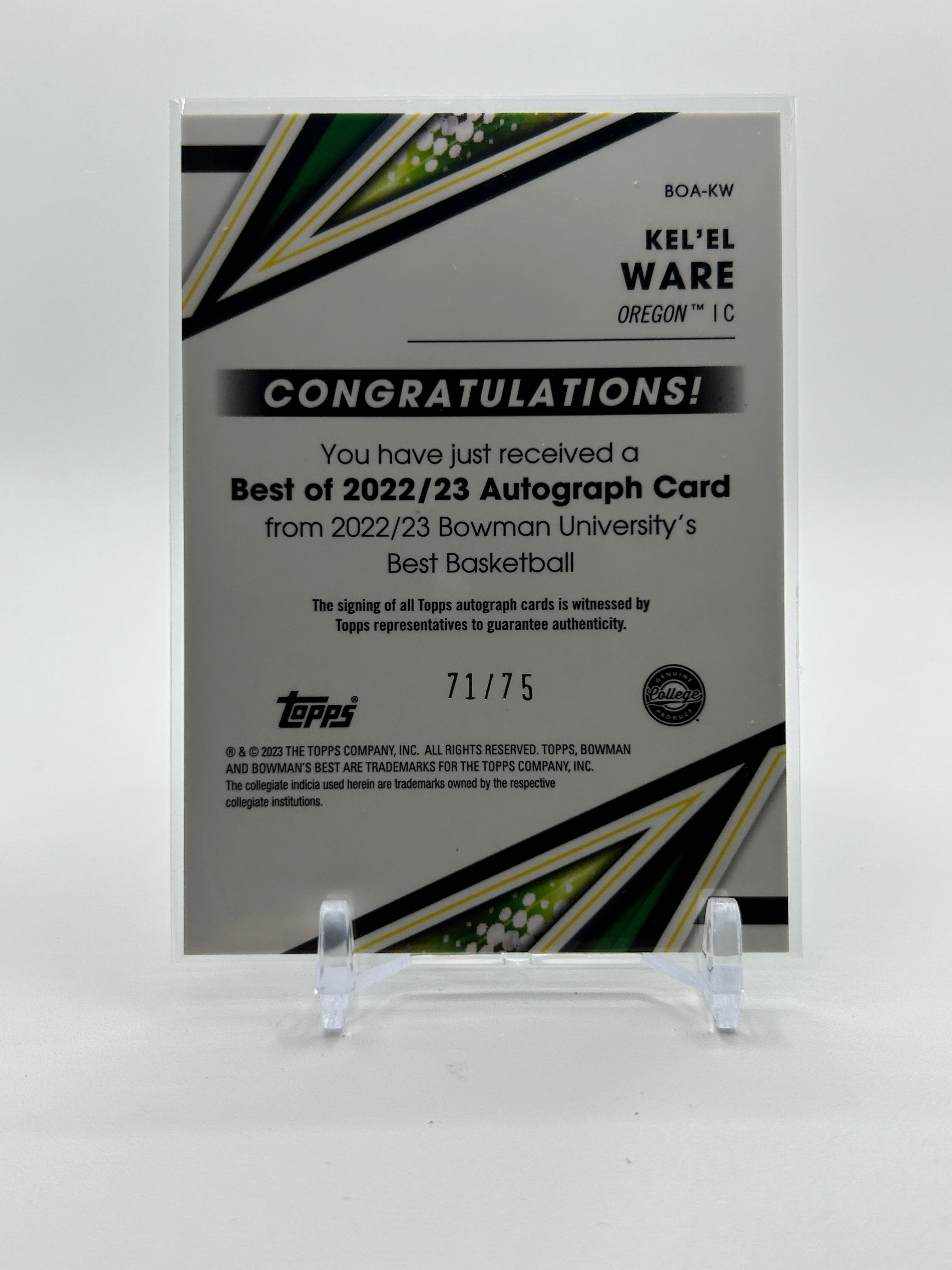2022-23 Bowman University Best Kel'El Ware Gold Lava Refractor Auto /75