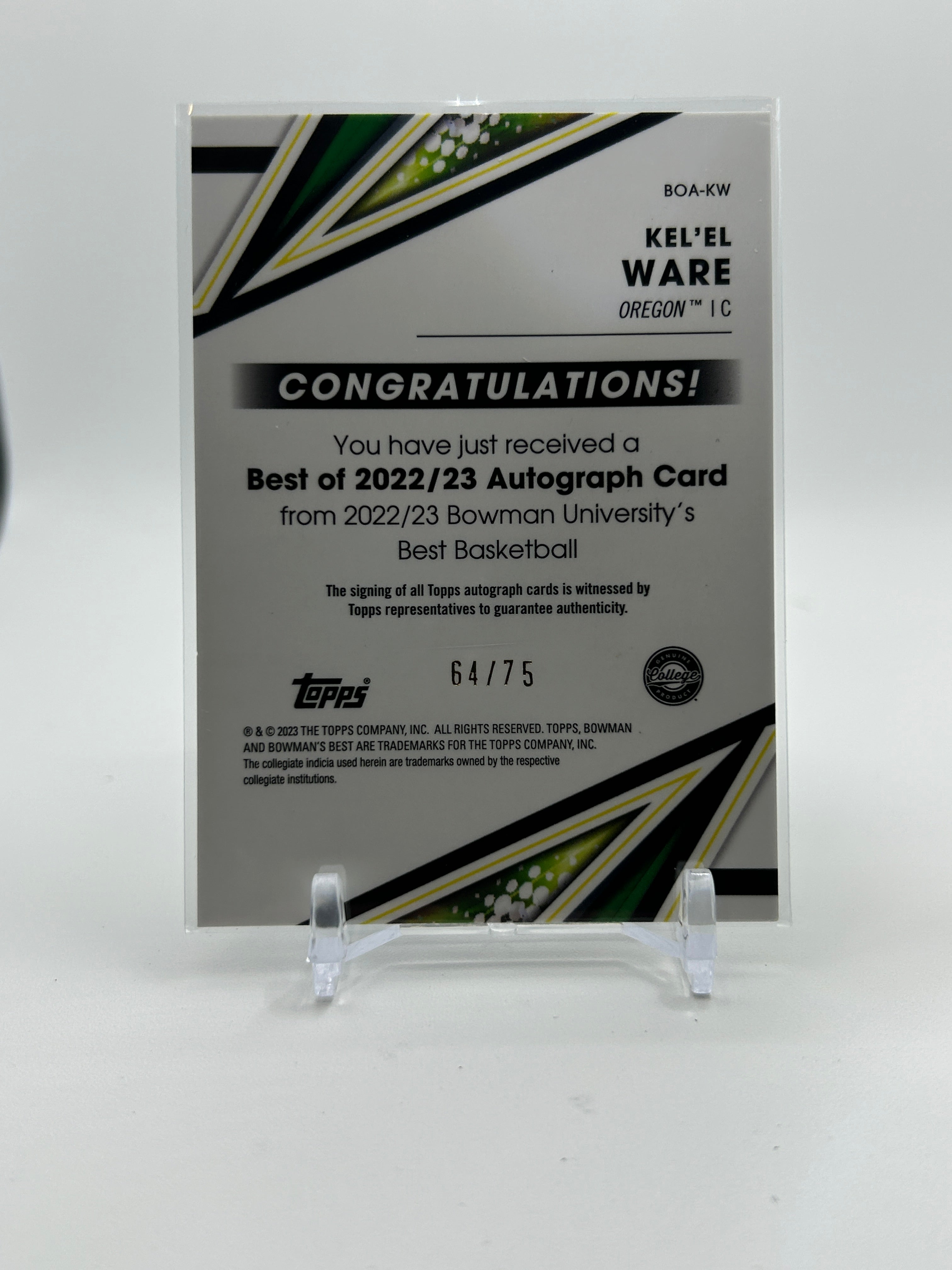 2022-23 Bowman University Best Kel'El Ware Gold Lava Refractor Auto /75