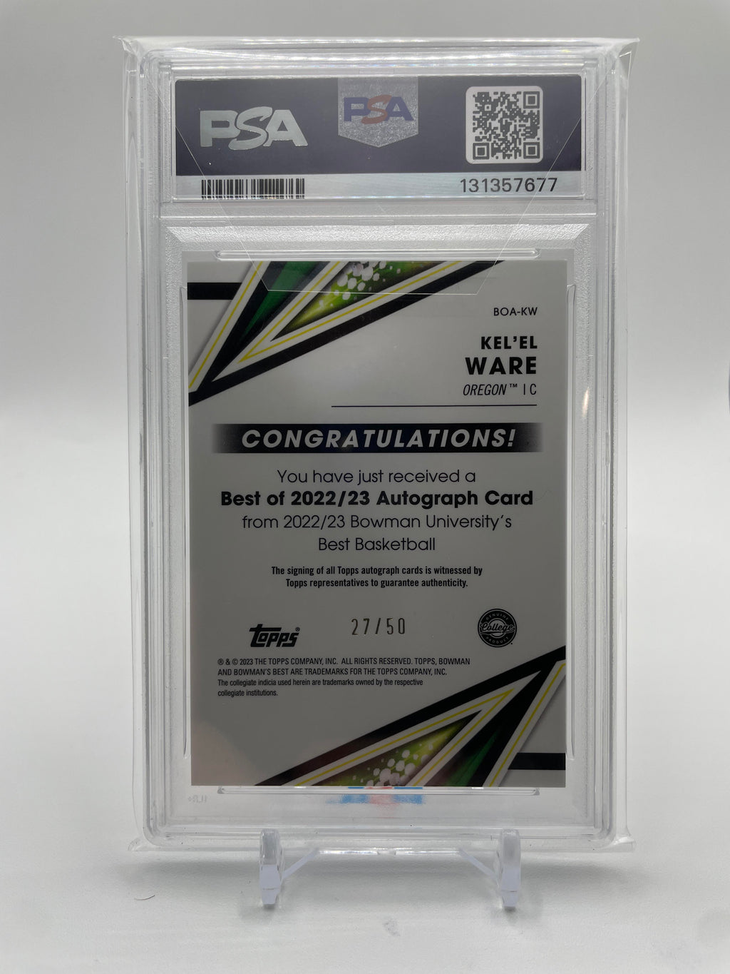 2022-23 Bowman University Best Kel'El Ware Gold Refractor Auto /50 PSA 9