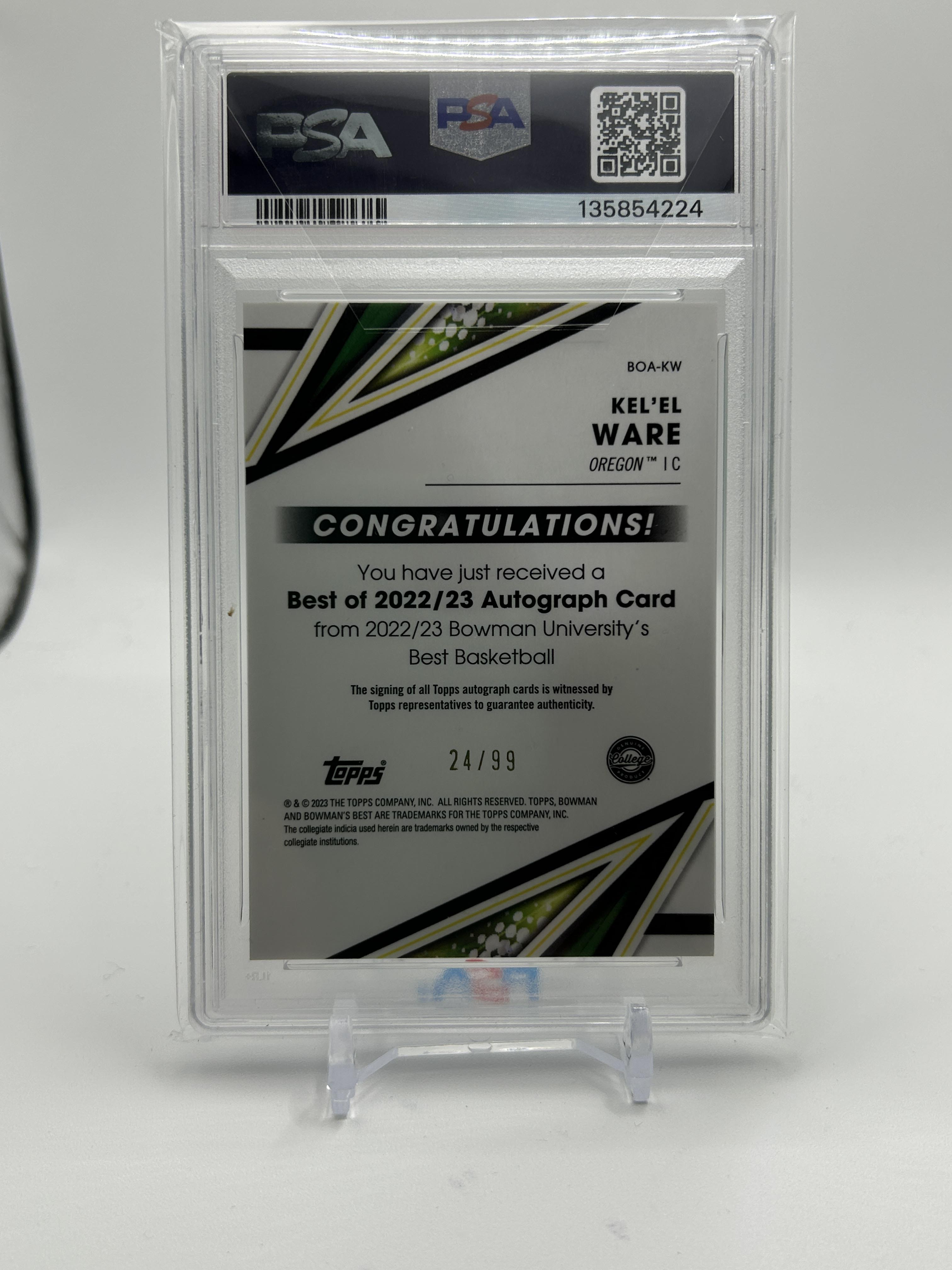 2022-23 Bowman University Best Kel'El Ware Green Refractor Auto /99 PSA 10