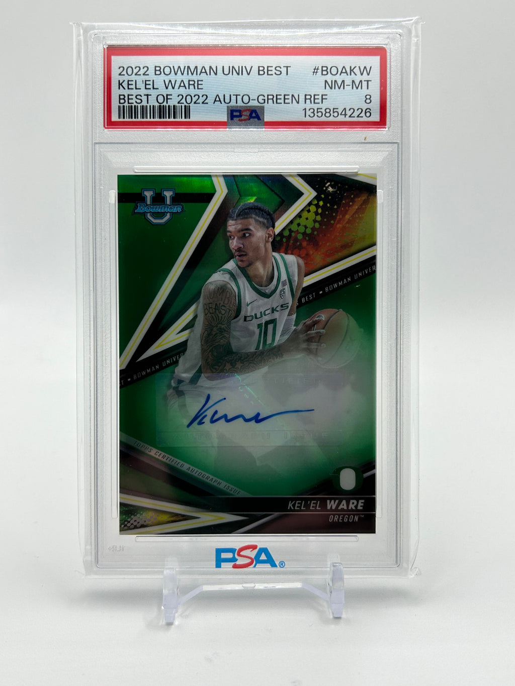 2022-23 Bowman University Best Kel'El Ware Green Refractor Auto /99 PSA 8