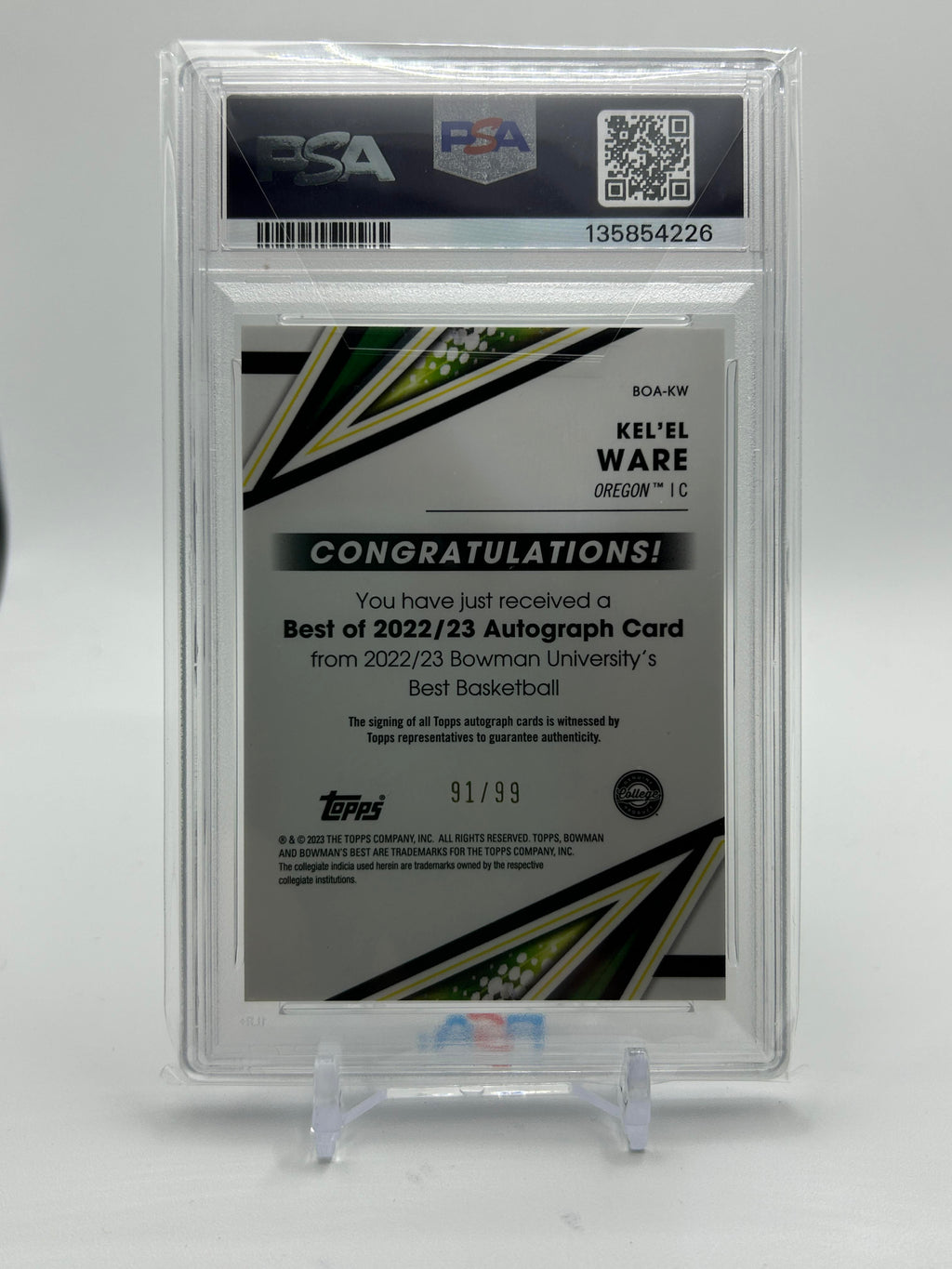 2022-23 Bowman University Best Kel'El Ware Green Refractor Auto /99 PSA 8