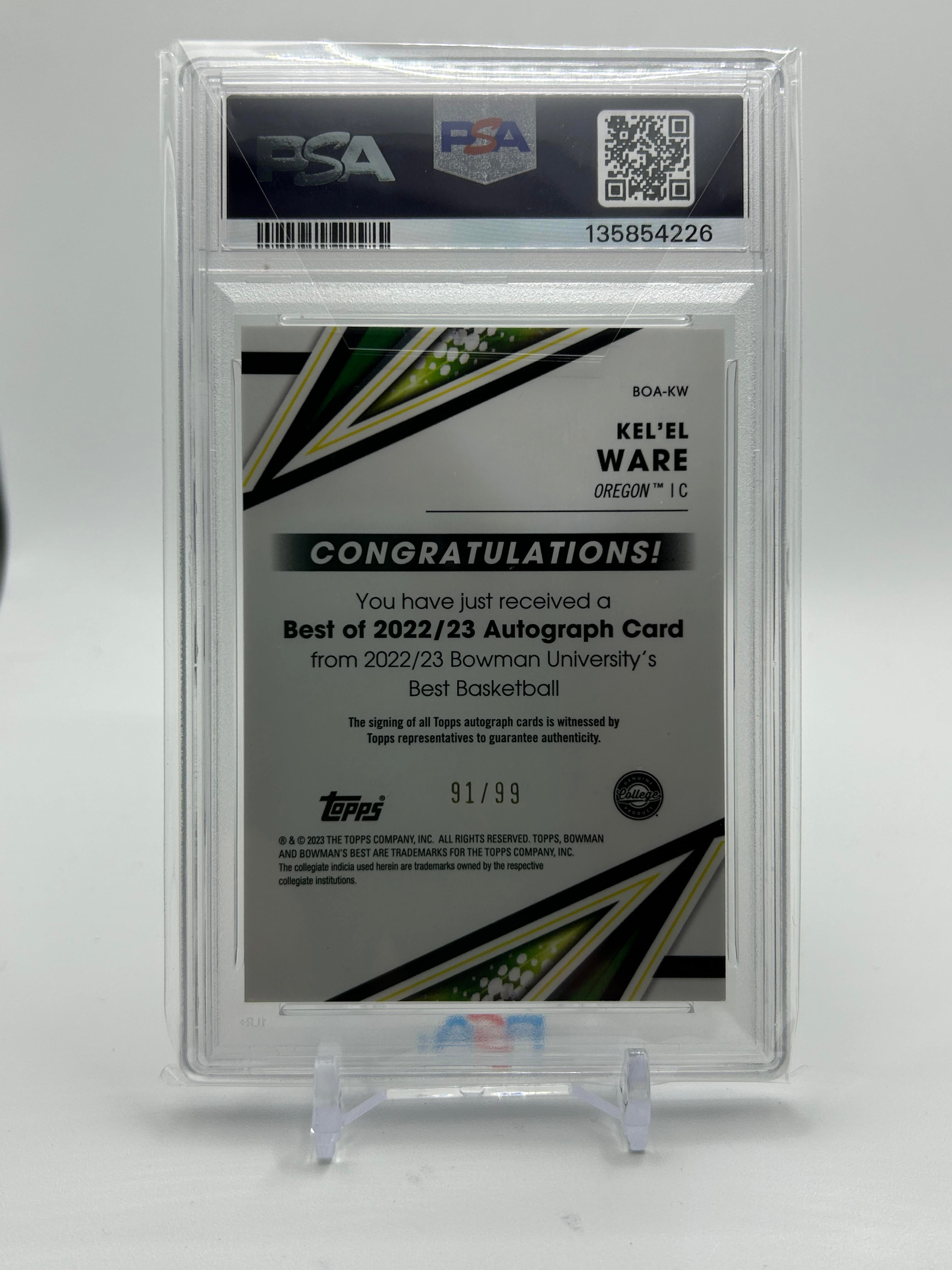 2022-23 Bowman University Best Kel'El Ware Green Refractor Auto /99 PSA 8