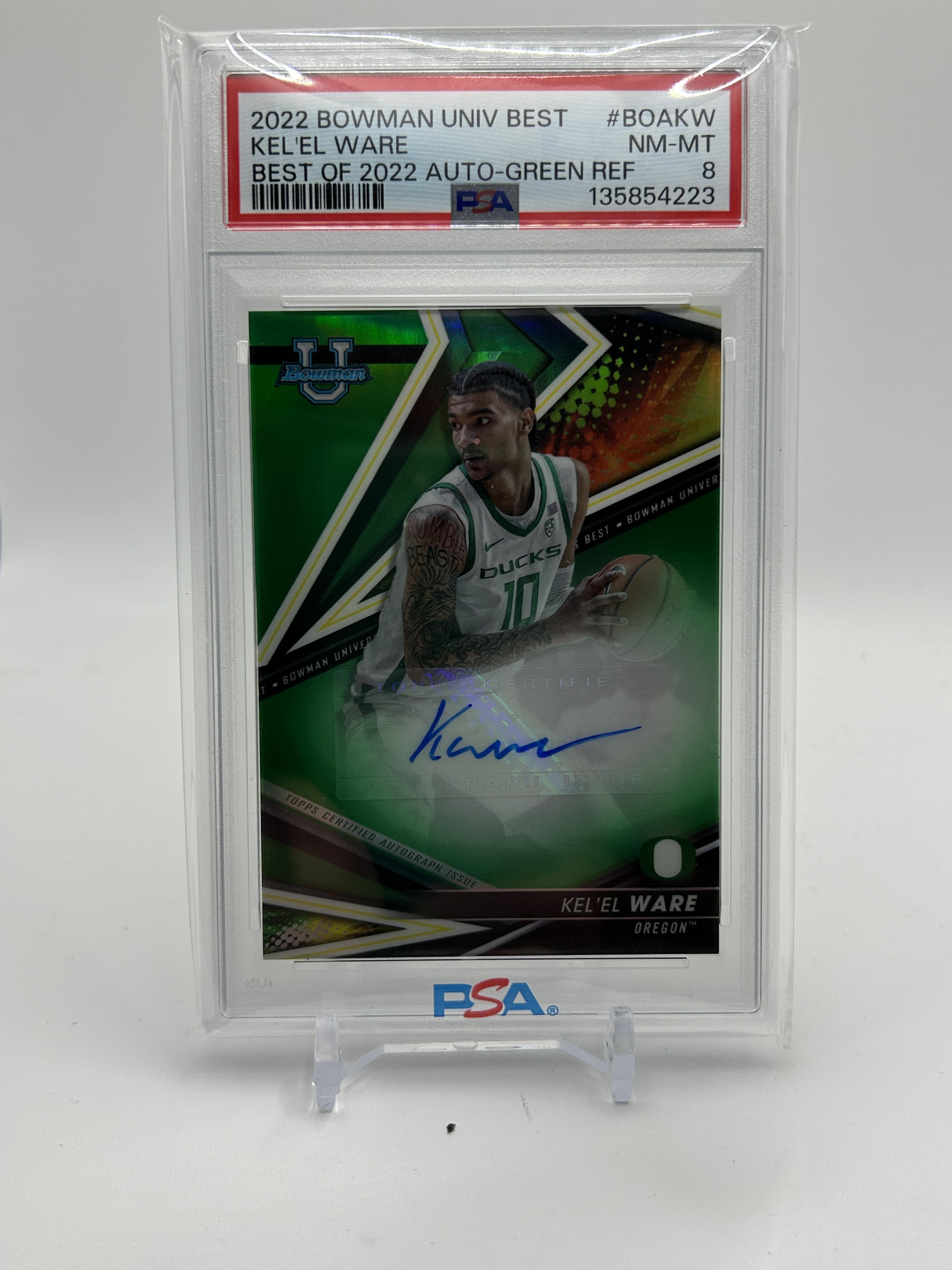 2022-23 Bowman University Best Kel'El Ware Green Refractor Auto /99 PSA 8