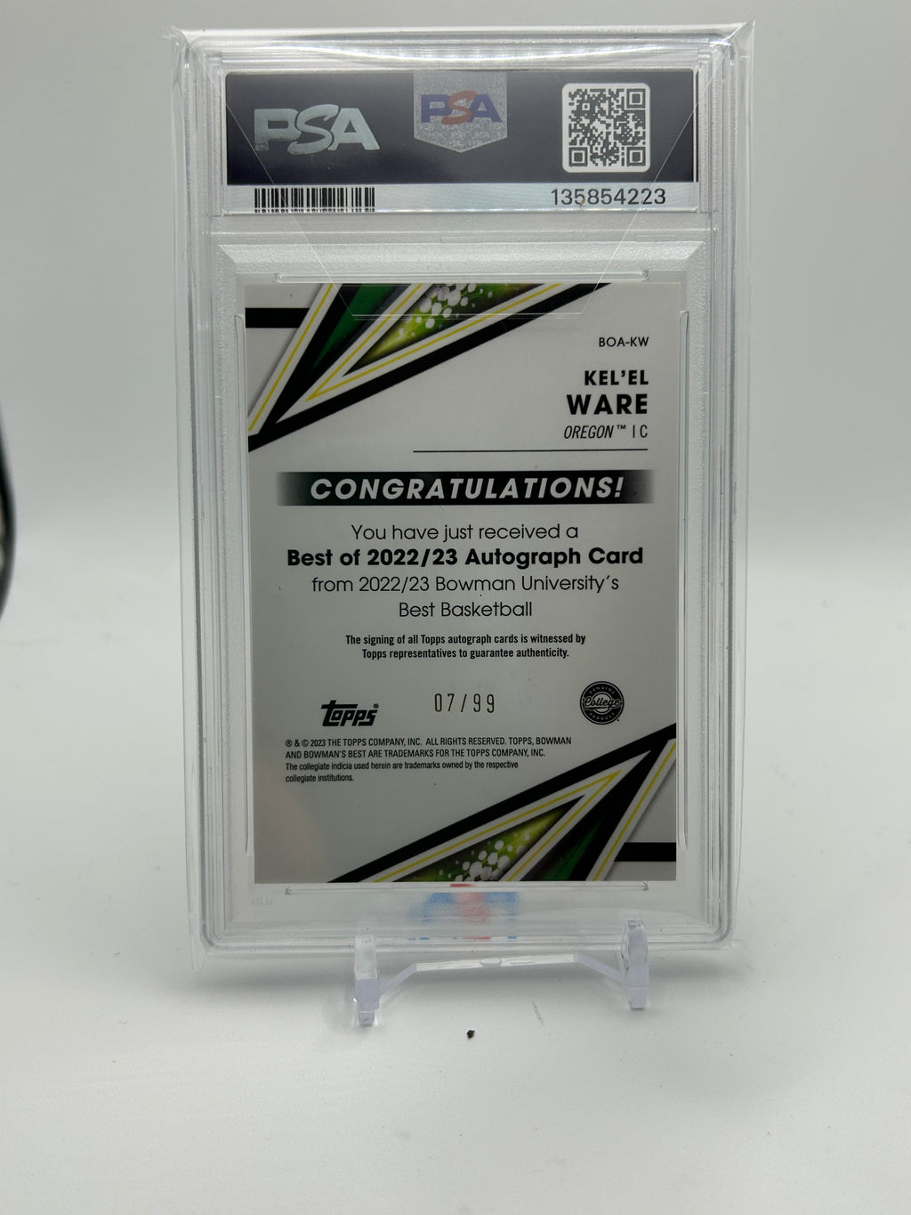2022-23 Bowman University Best Kel'El Ware Green Refractor Auto /99 PSA 8