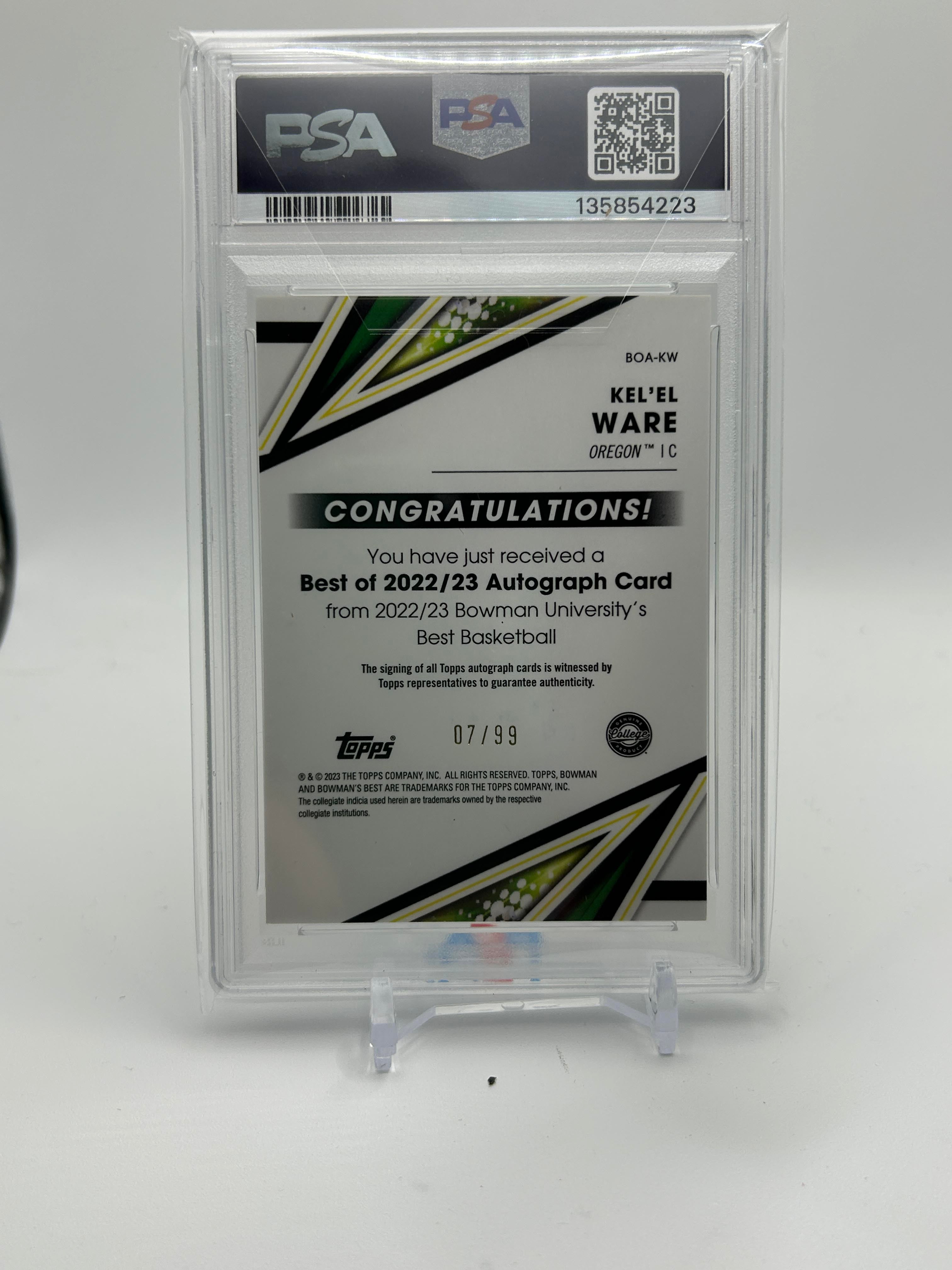 2022-23 Bowman University Best Kel'El Ware Green Refractor Auto /99 PSA 8