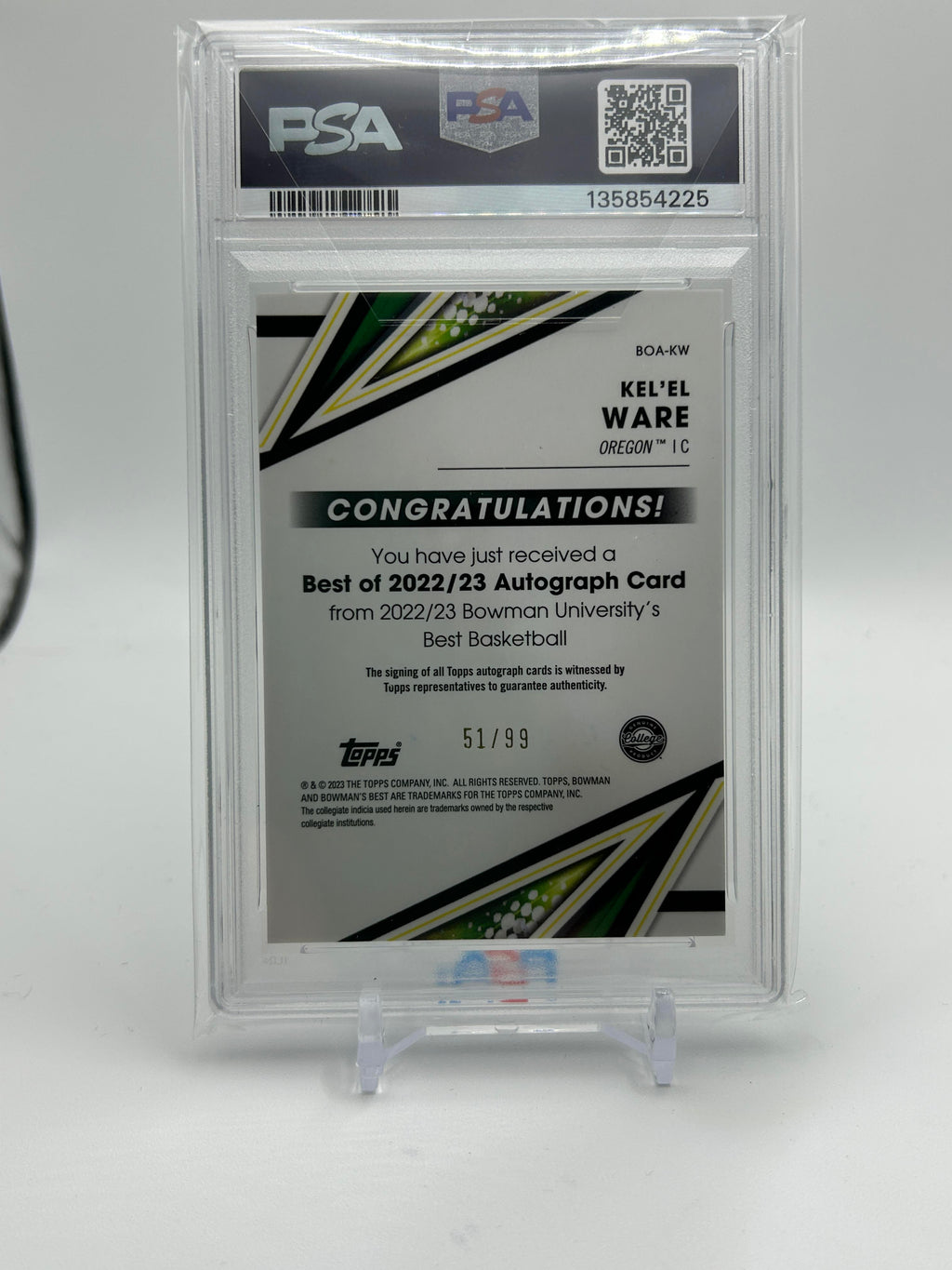 2022-23 Bowman University Best Kel'El Ware Green Refractor Auto /99 PSA 9