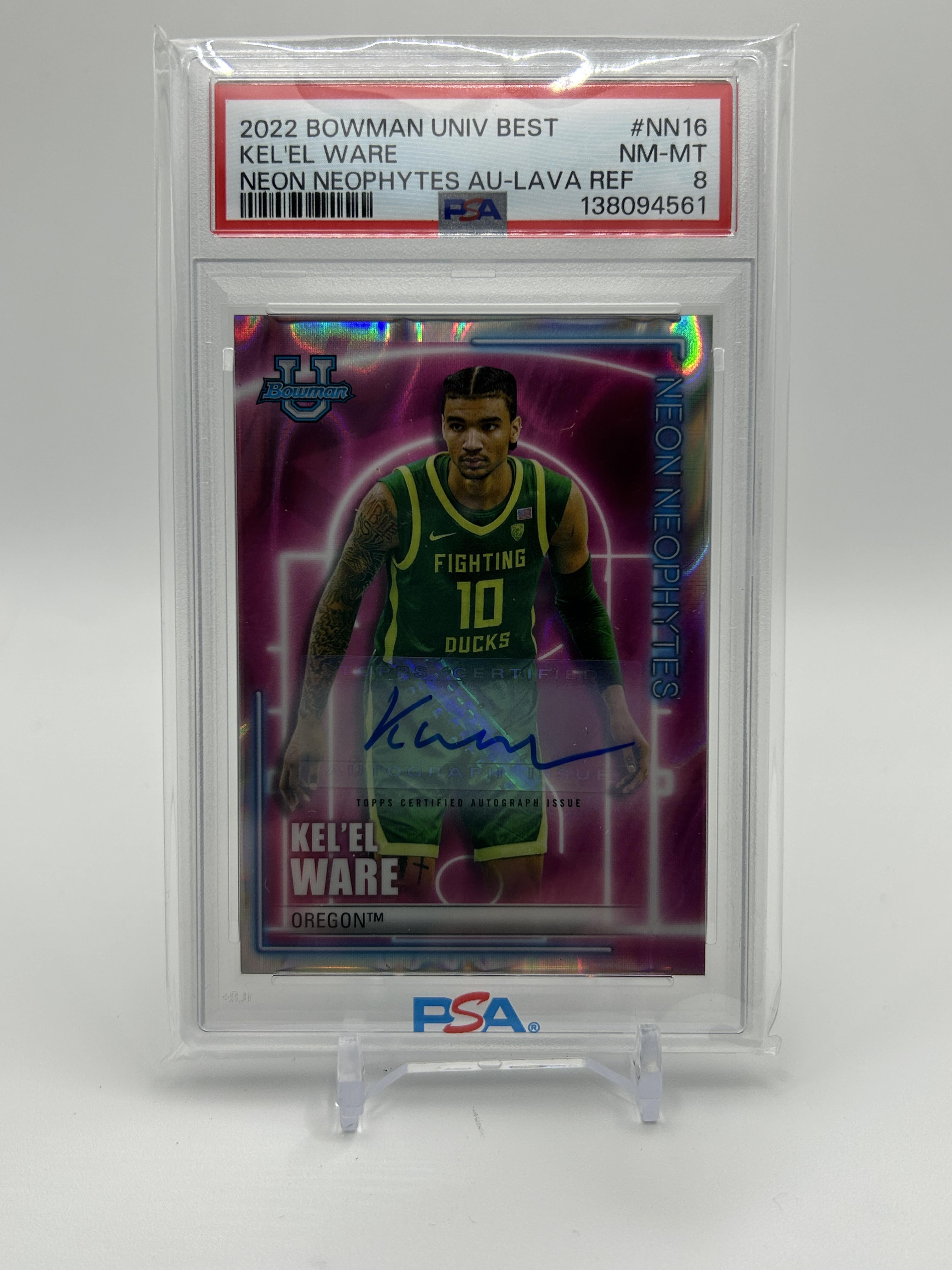 2022-23 Bowman University Best Kel'El Ware Neon Lava Refractor Auto /50 PSA 8