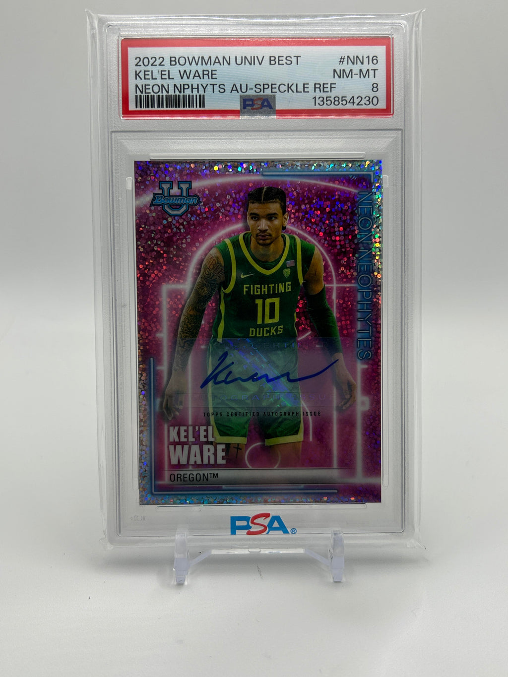 2022-23 Bowman University Best Kel'El Ware Neon Speckle Refractor Auto /25 PSA 8