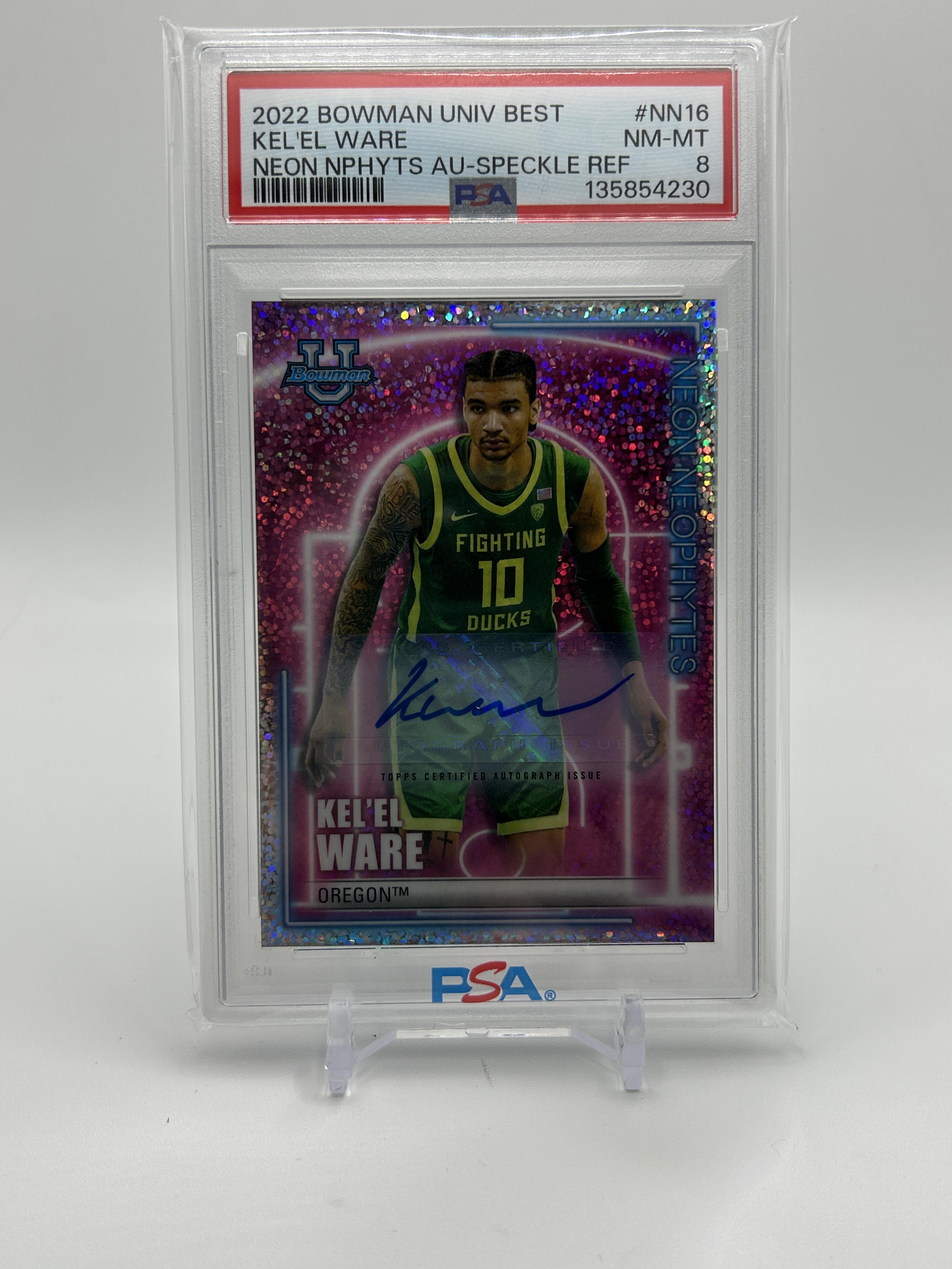 2022-23 Bowman University Best Kel'El Ware Neon Speckle Refractor Auto /25 PSA 8