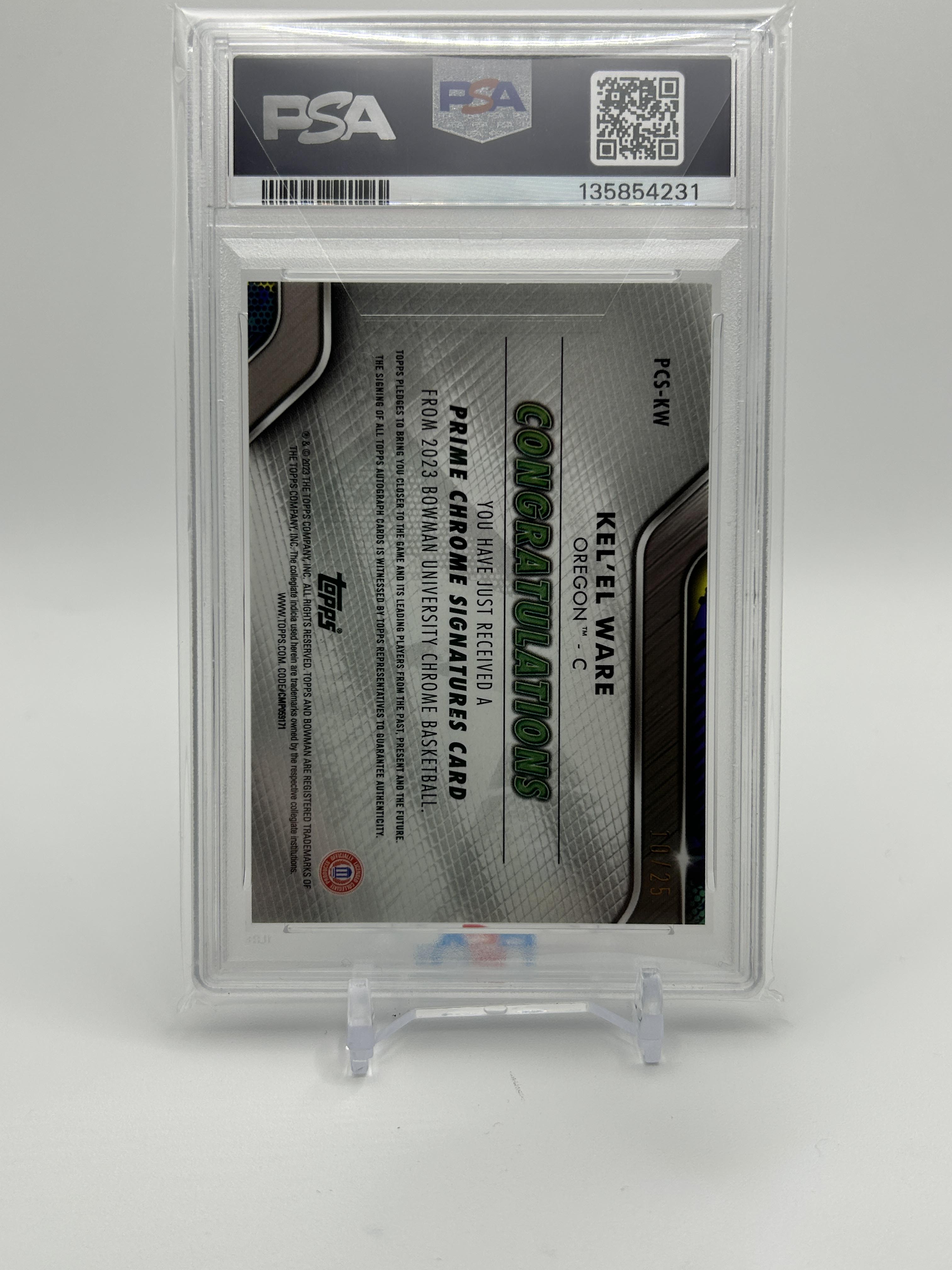 2022-23 Bowman University Best Kel'El Ware Prime Orange Ref Auto /25 PSA 10