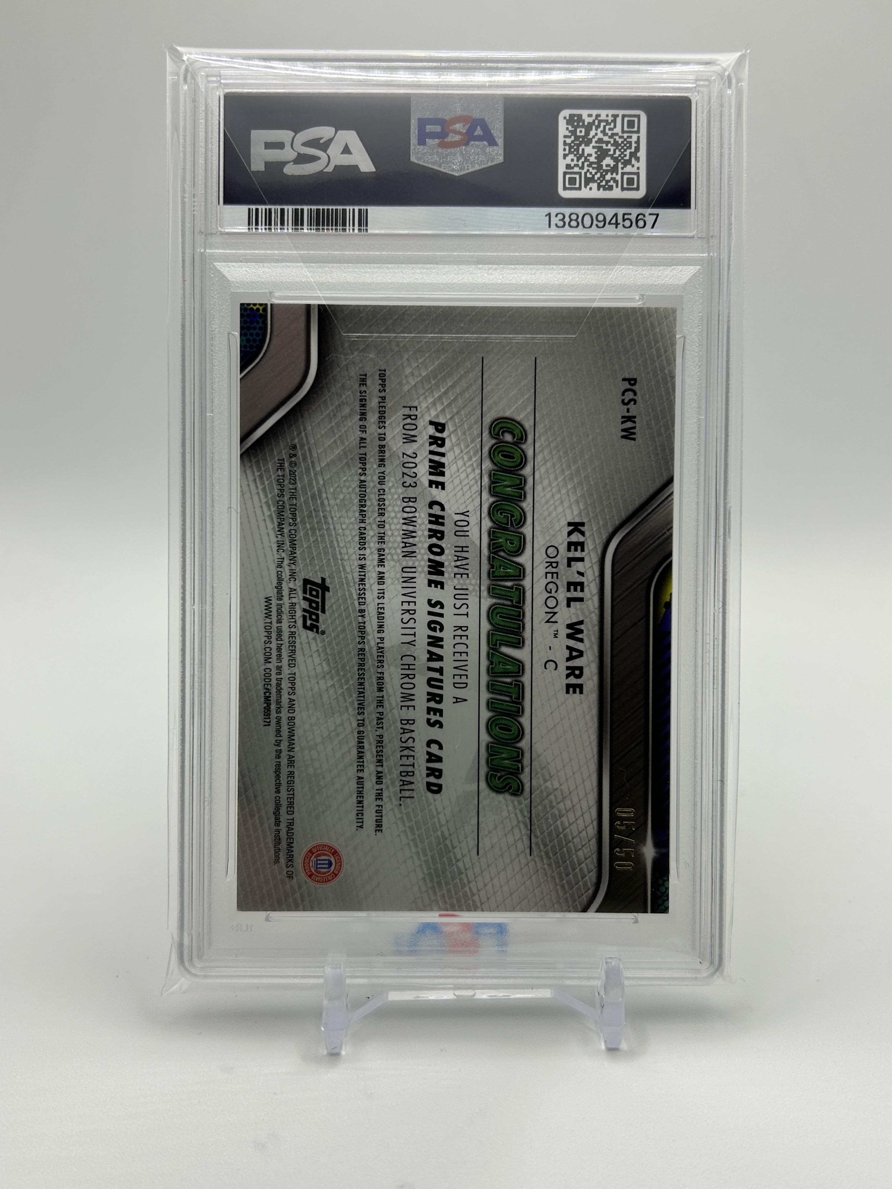 2022-23 Bowman University Best Kel'El Ware Prime Signatures Auto /50 PSA 8