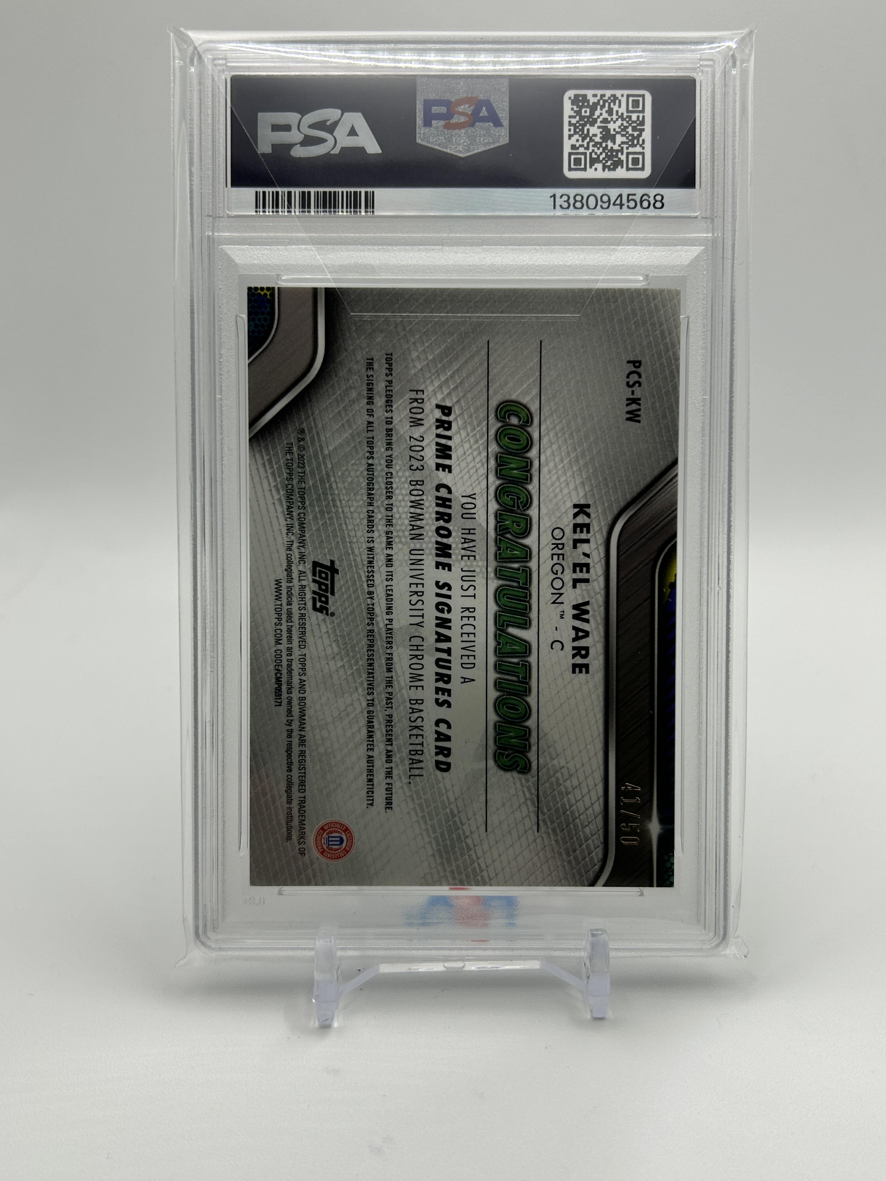 2022-23 Bowman University Best Kel'El Ware Prime Signatures Auto /50 PSA 9