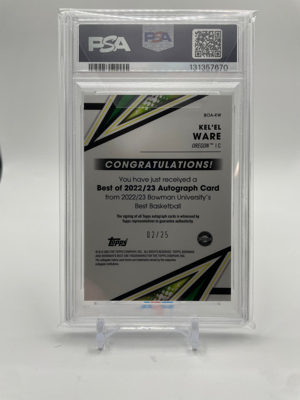 2022-23 Bowman University Best Kel'El Ware Speckle Refractor Auto /25 PSA 9 MINT