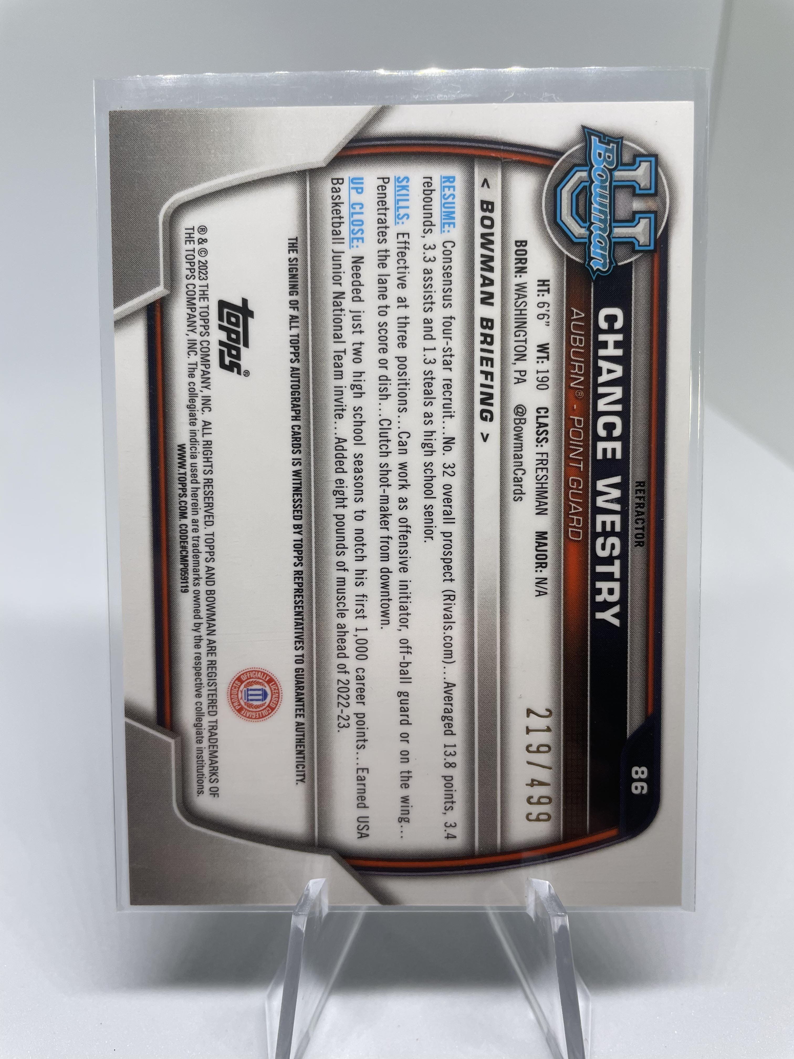 2022-23 Bowman University Chrome Chance Westry Refractor Auto /499 Rookie