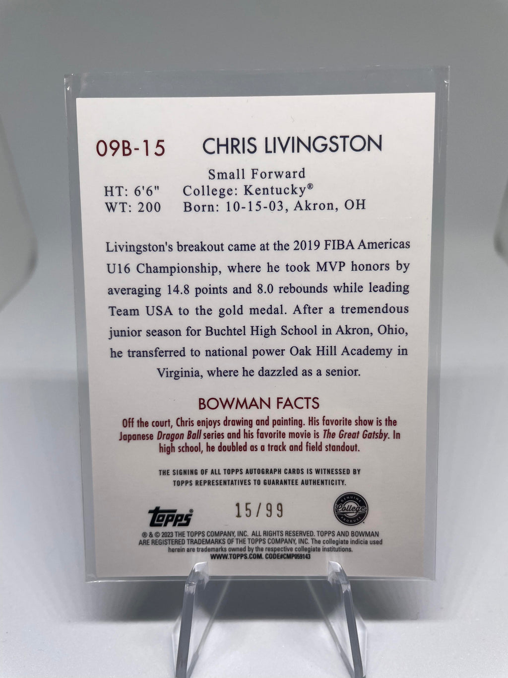2022-23 Bowman University Chrome Chris Livingston 09 Throwback Insert Auto /99