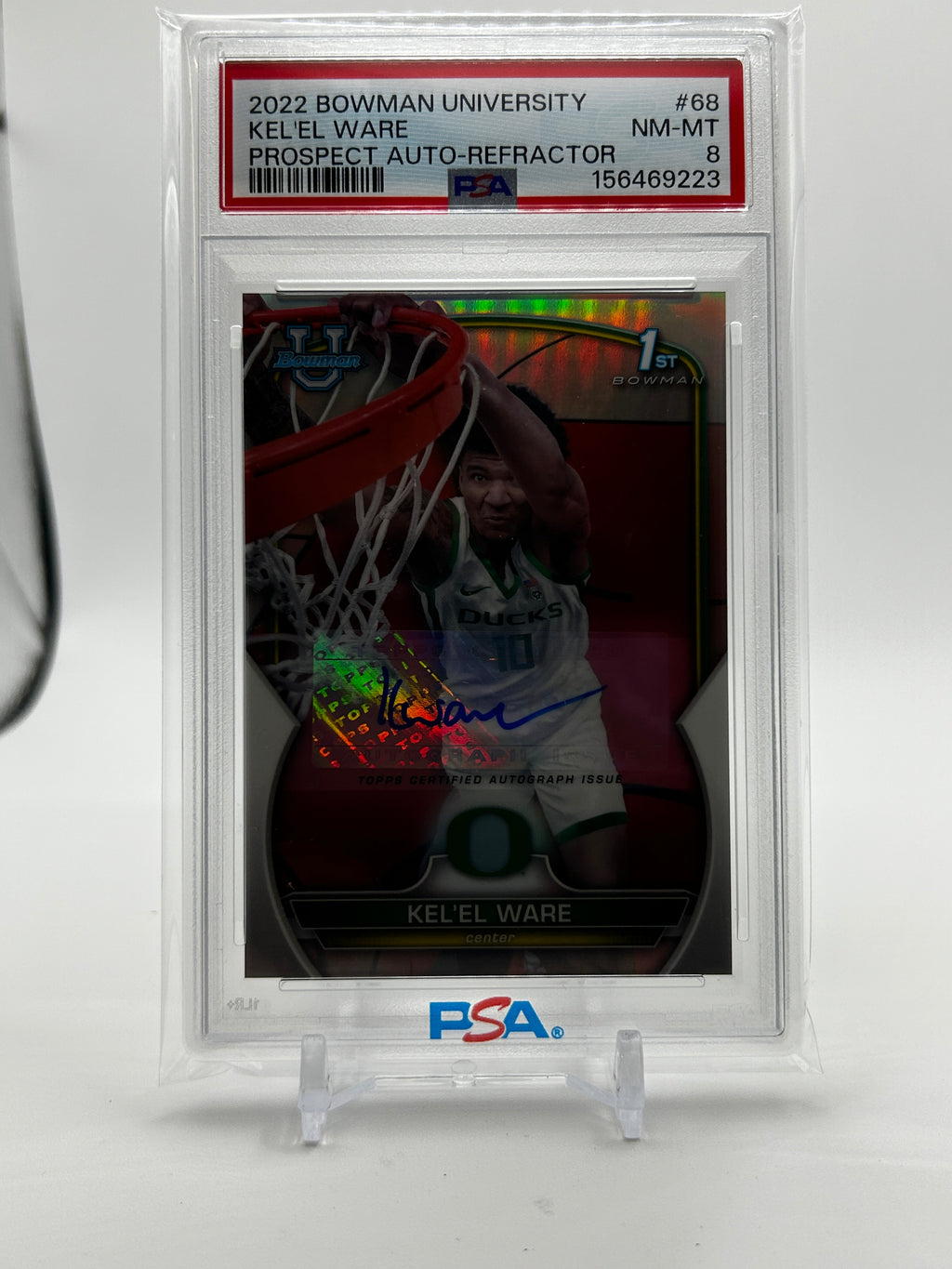 2022-23 Bowman University Chrome Kel'El Ware Propsect Refractor Auto /499 PSA 8