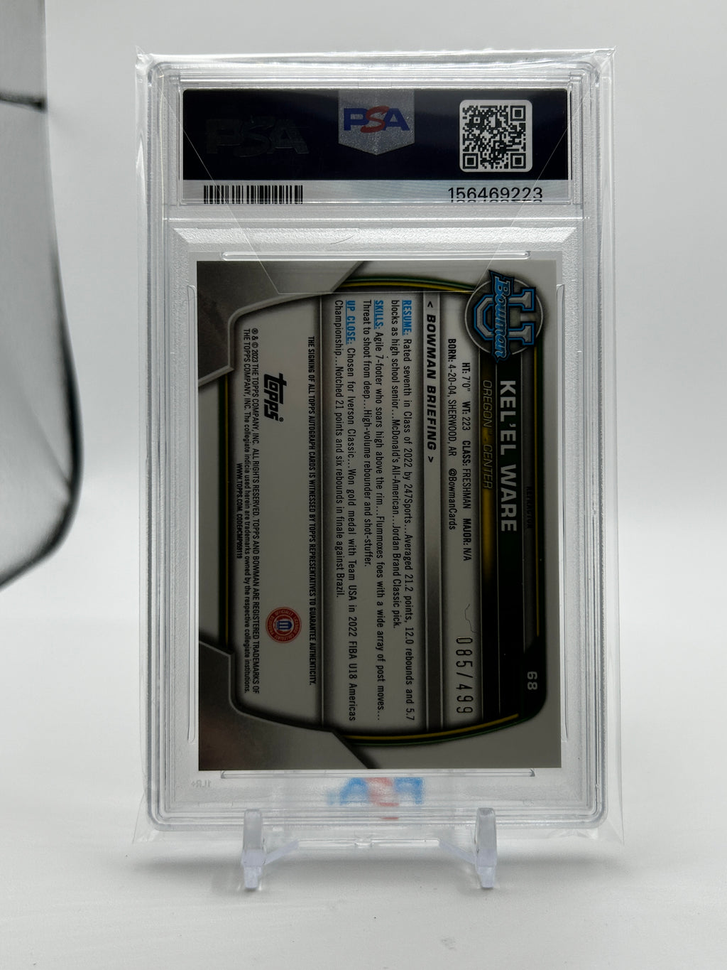 2022-23 Bowman University Chrome Kel'El Ware Propsect Refractor Auto /499 PSA 8