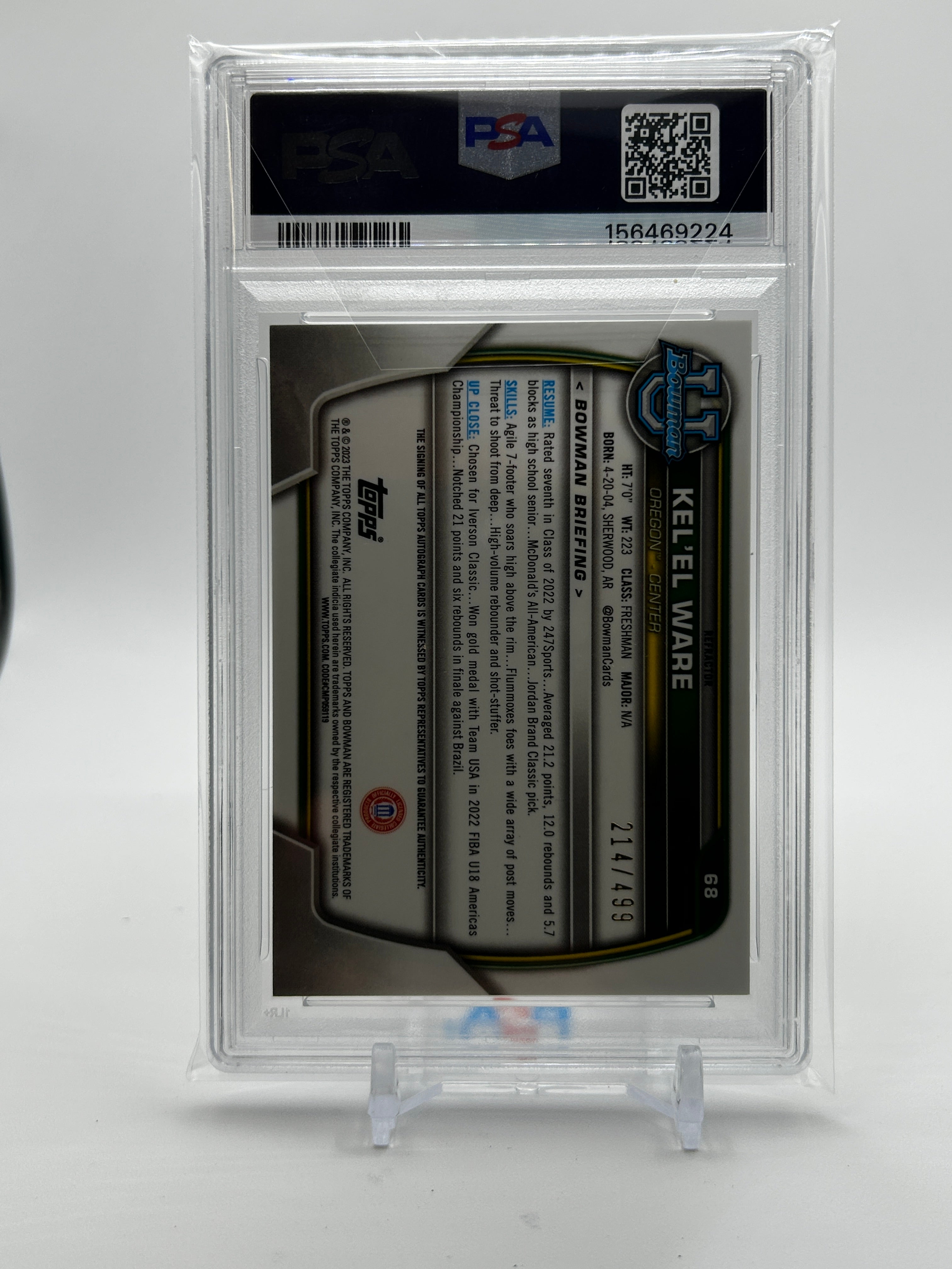 2022-23 Bowman University Chrome Kel'El Ware Propsect Refractor Auto /499 PSA 9