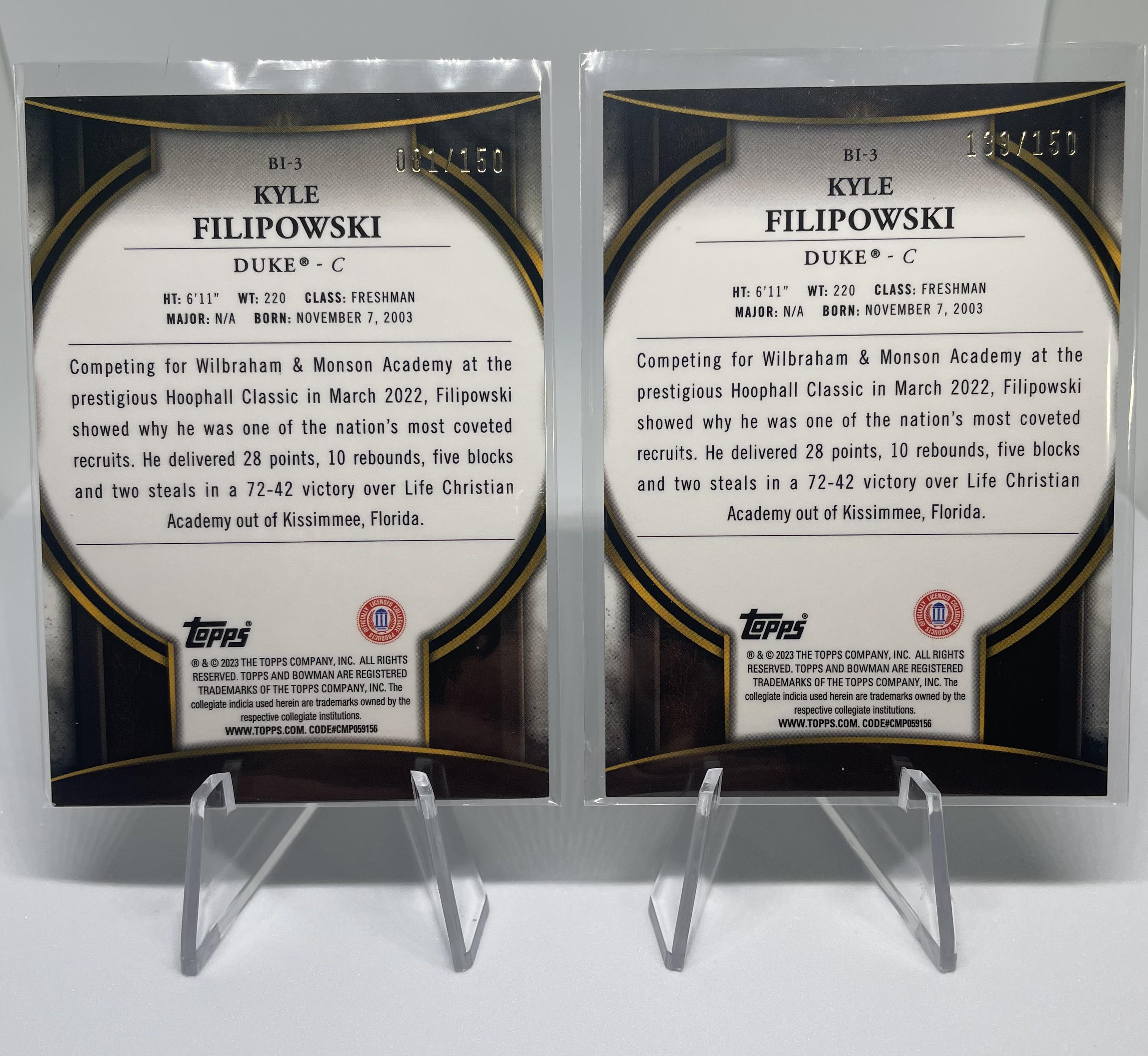 2022-23 Bowman University Chrome Kyle Filipowski Invicta Refractor /150 Set (x2)