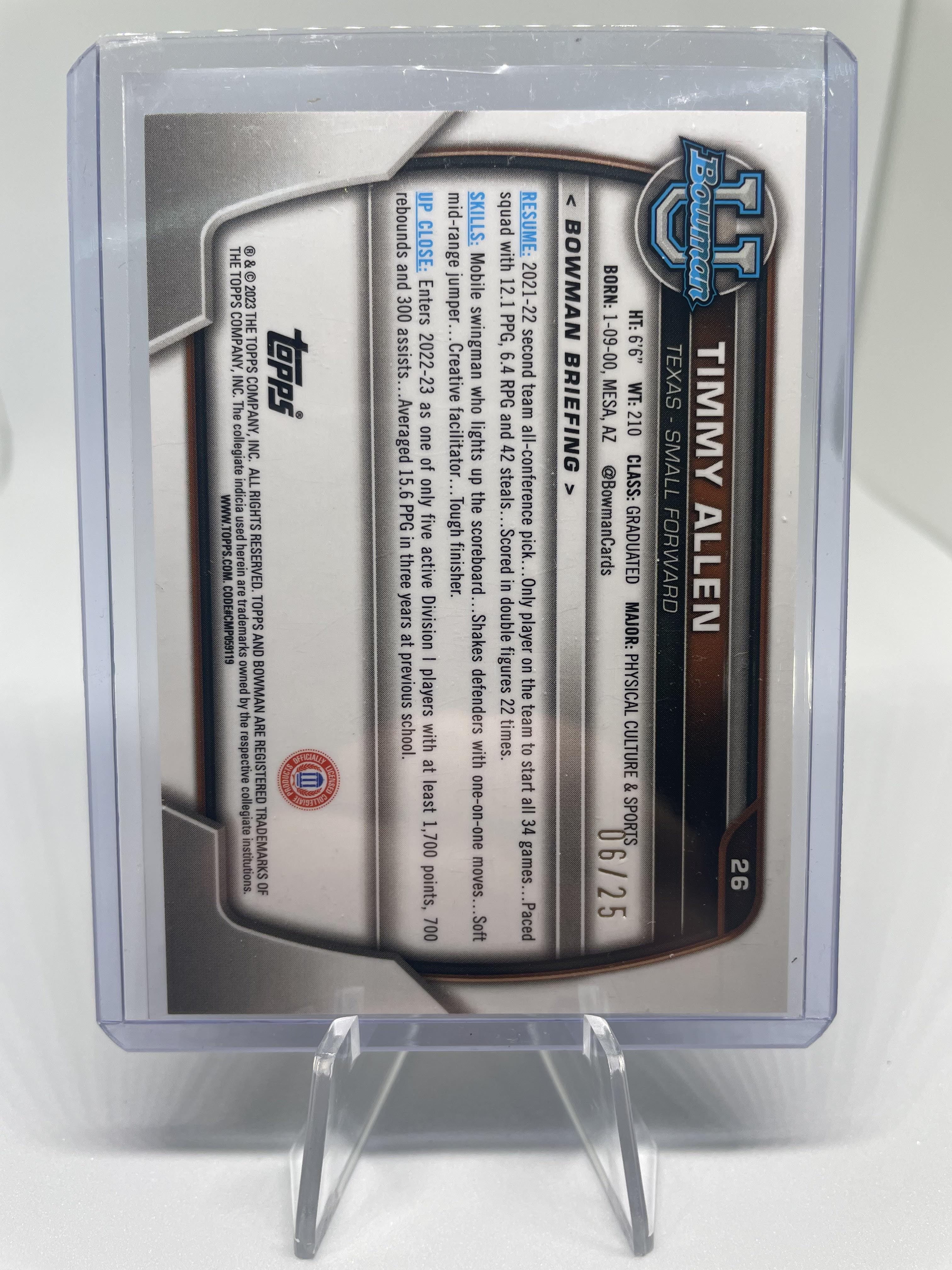 2022-23 Bowman University Chrome Timmy Allen Orange Shimmer Refractor /25