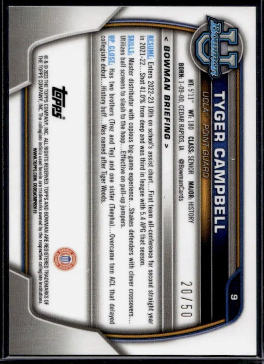 2022-23 Bowman University Chrome Tyger Cambell Gold Shimmer Refractor /50