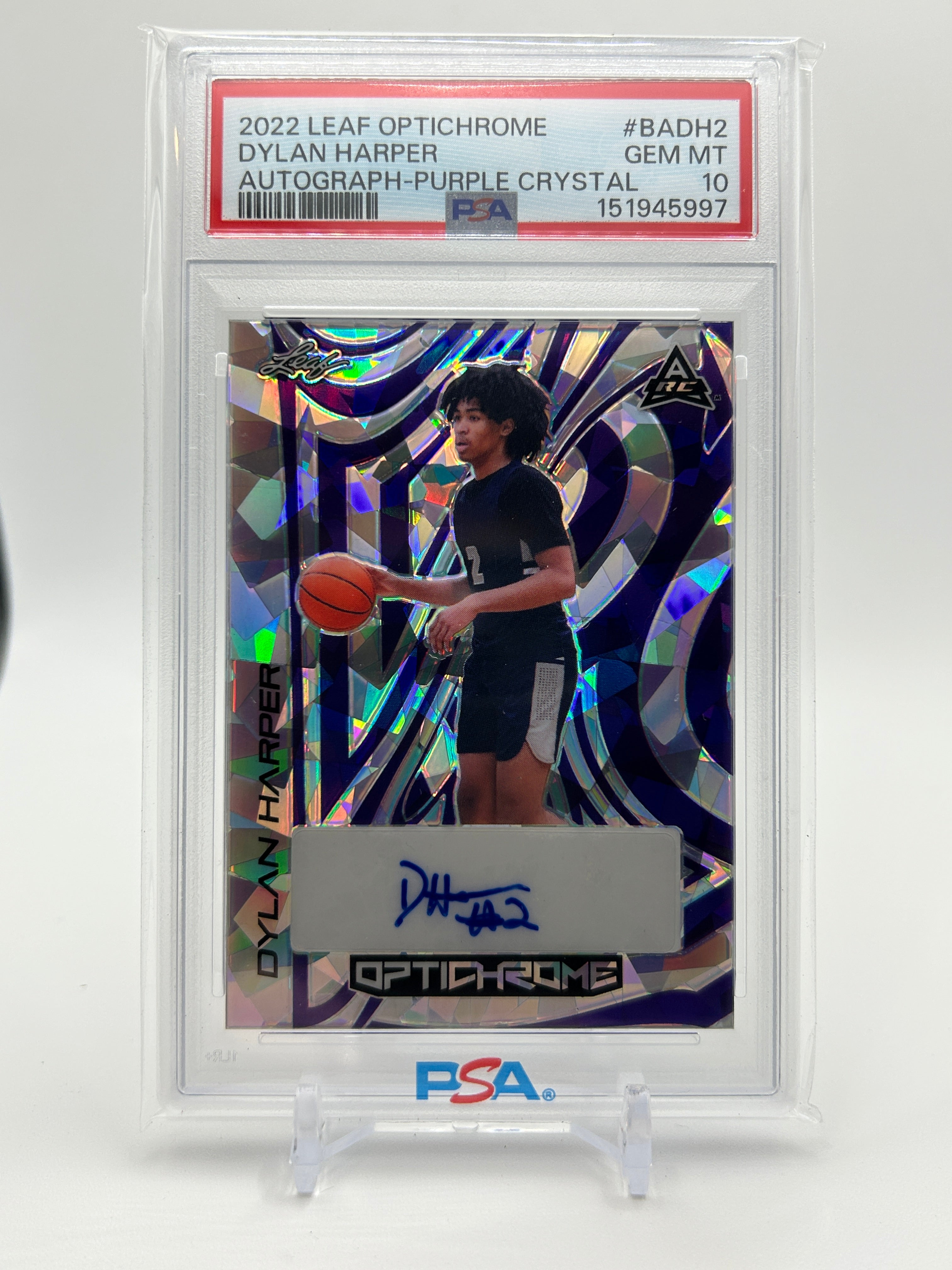 2022-23 Leaf Optichrome Dylan Harper Purple Crystal Rookie Auto 1/7 PSA 10 Pop 1