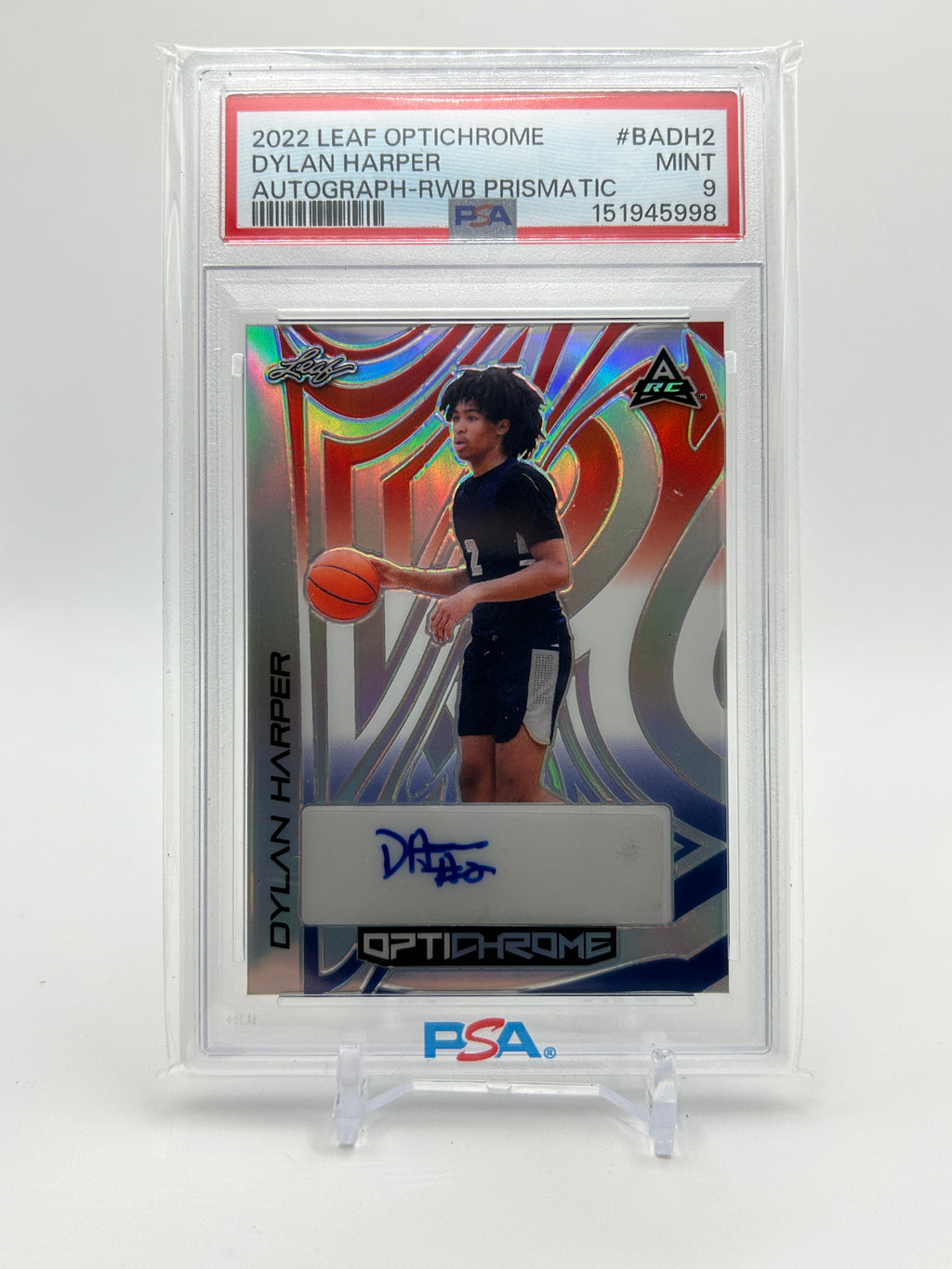 2022-23 Leaf Optichrome Dylan Harper RWB Prismatic Rookie Auto /5 # Match PSA 9
