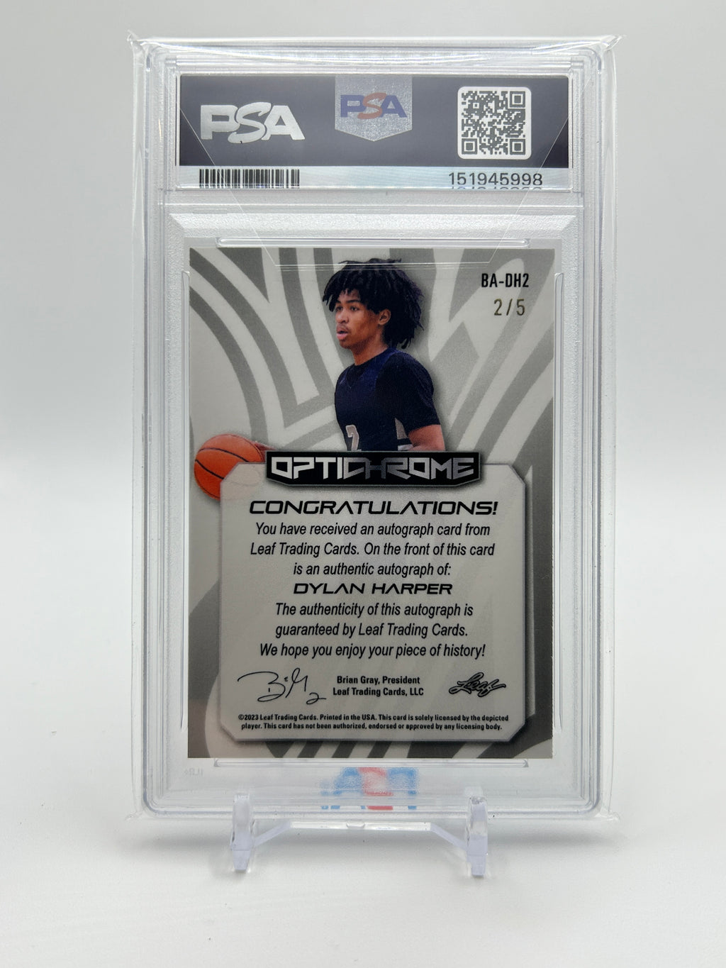 2022-23 Leaf Optichrome Dylan Harper RWB Prismatic Rookie Auto /5 # Match PSA 9
