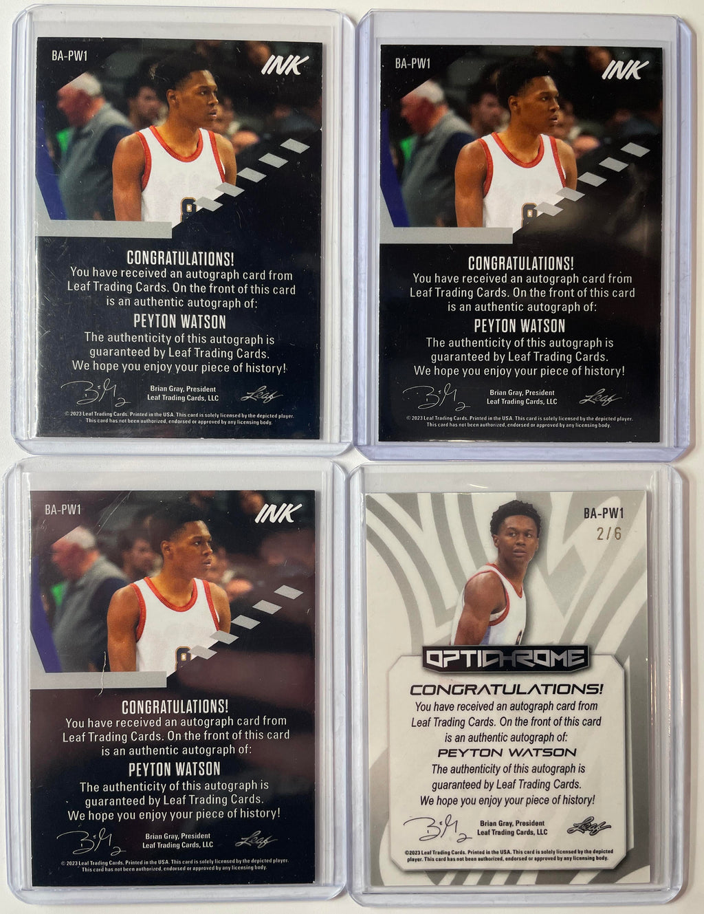 2022-23 Leaf Optichrome Peyton Watson Purple Rookie Auto /6 + Ink Auto Set (x3)
