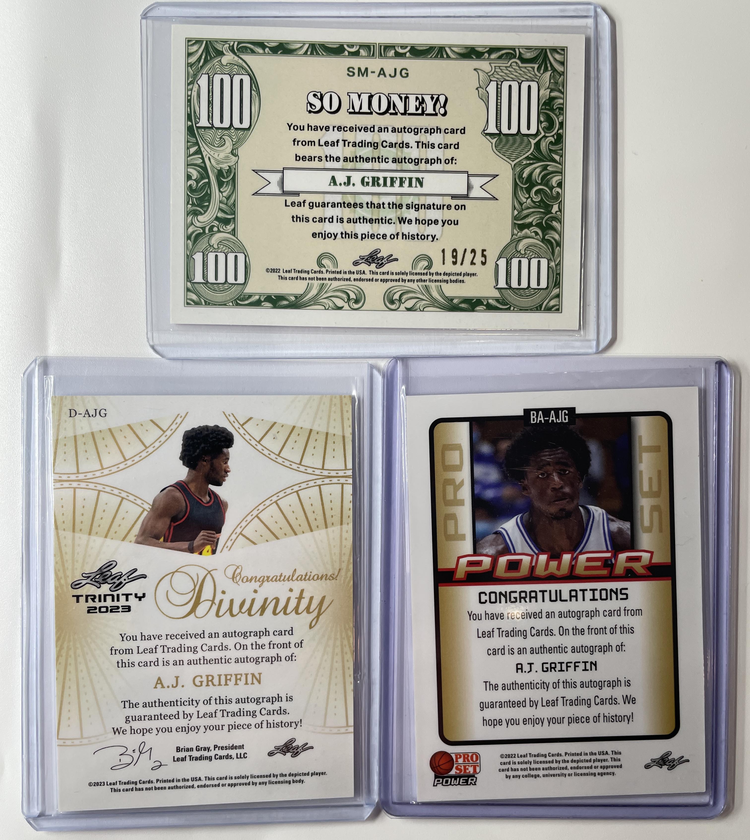 2022-23 Leaf Trinity AJ Griffin Rookie Auto Divinity /10 SP + 2021 So Money /25