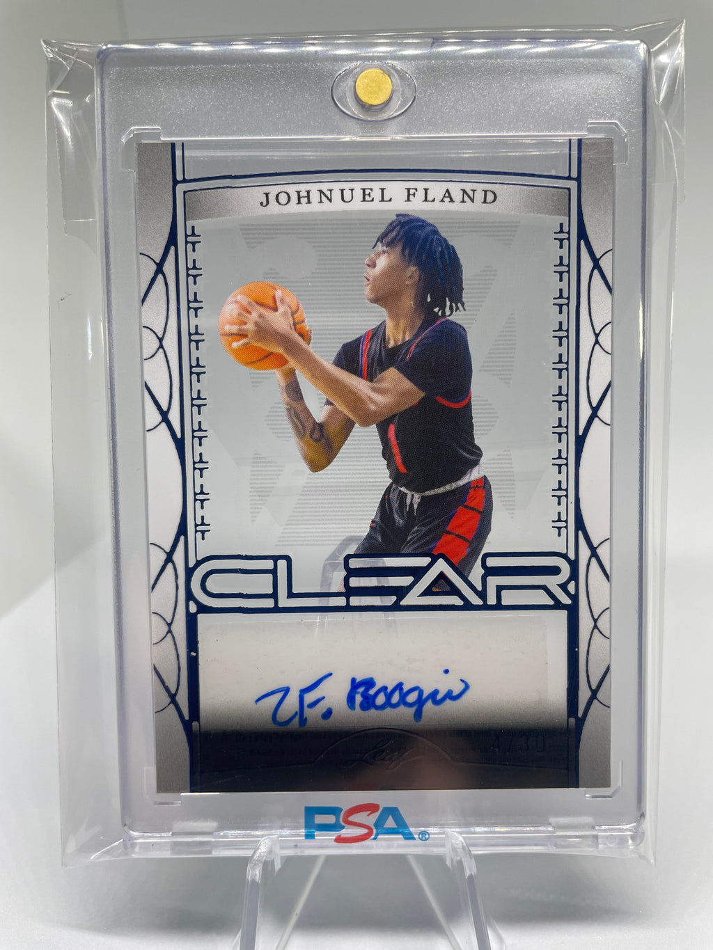 2022-23 Leaf Trinity Clear Johnuel Fland Blue Holo Rookie Auto /30