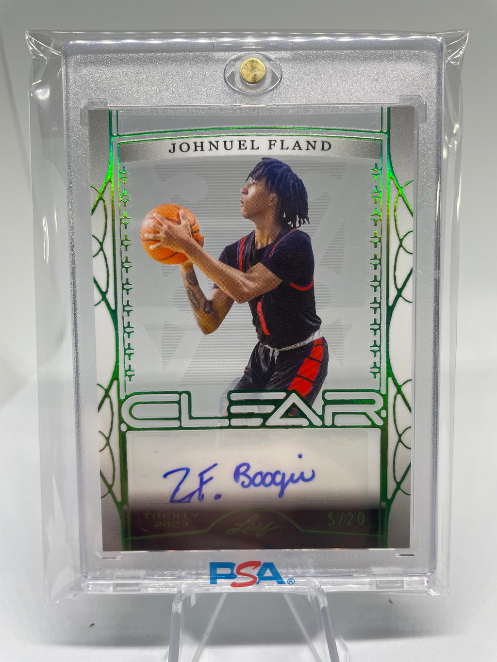 2022-23 Leaf Trinity Clear Johnuel Fland Holo Green Rookie Auto /20