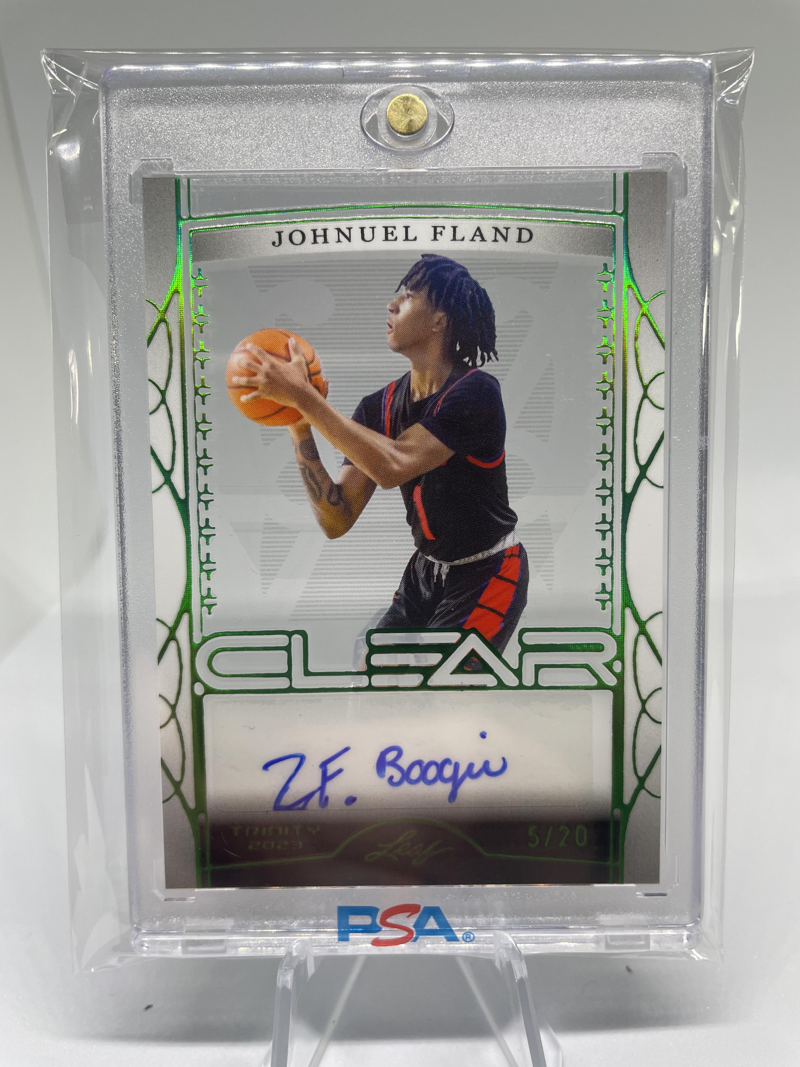 2022-23 Leaf Trinity Clear Johnuel Fland Holo Green Rookie Auto /20