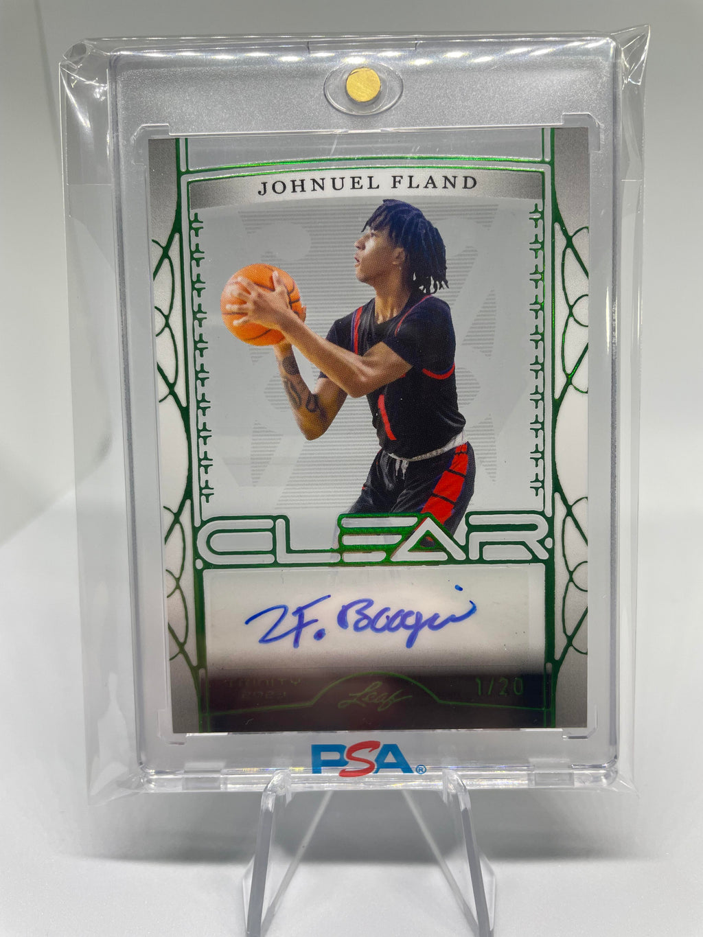 2022-23 Leaf Trinity Clear Johnuel Fland Holo Green Rookie Auto /20