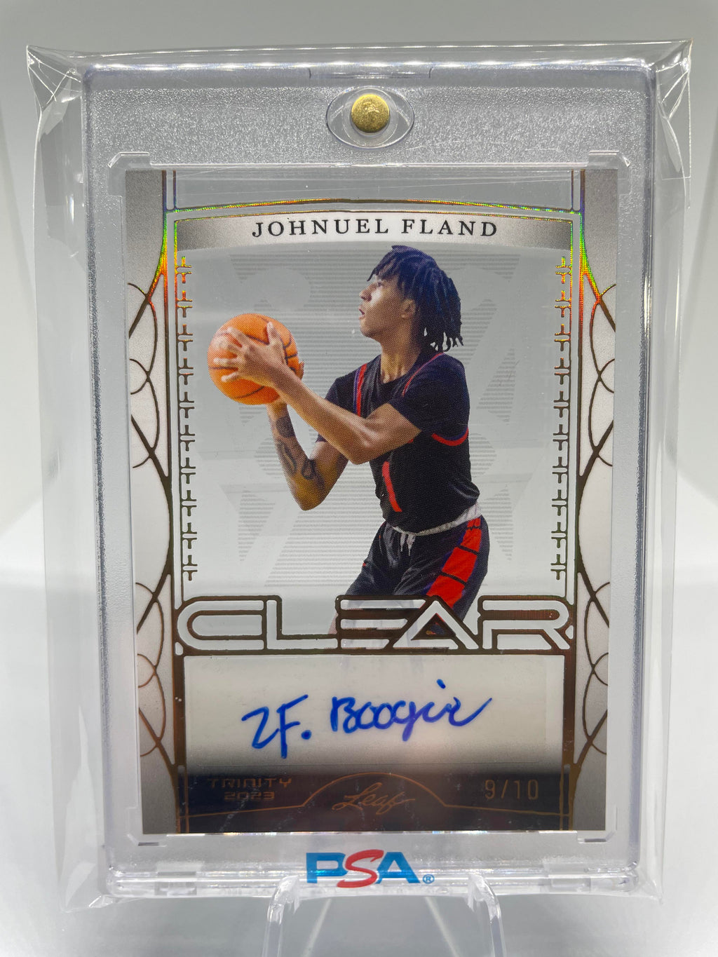 2022-23 Leaf Trinity Clear Johnuel Fland Holo Green Rookie Auto /20