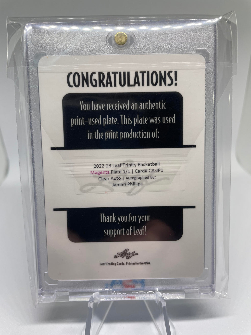 2022-23 Leaf Trinity Jamari Phillips 1/1 Magenta Printing Plate Rookie Auto