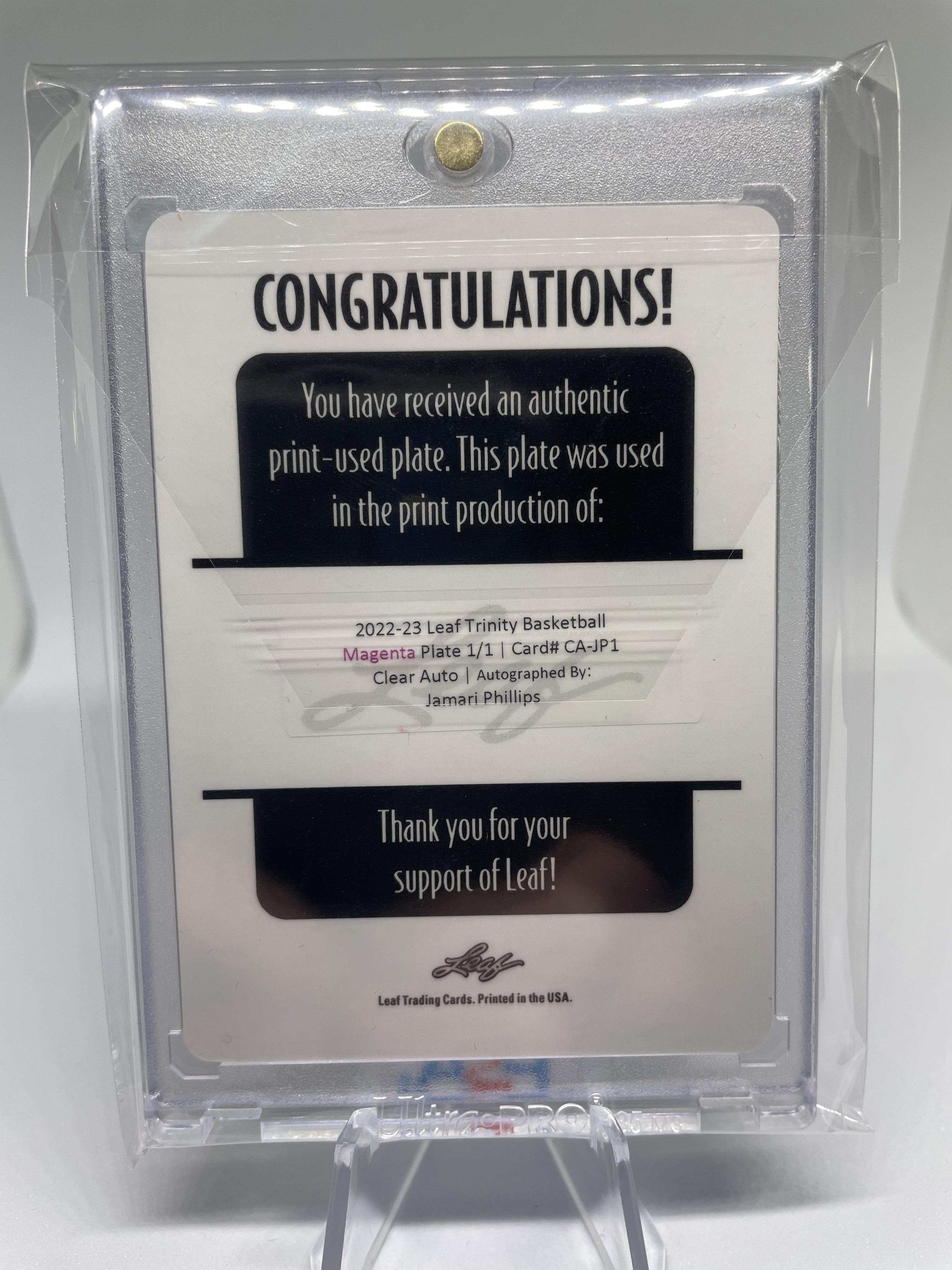 2022-23 Leaf Trinity Jamari Phillips 1/1 Magenta Printing Plate Rookie Auto