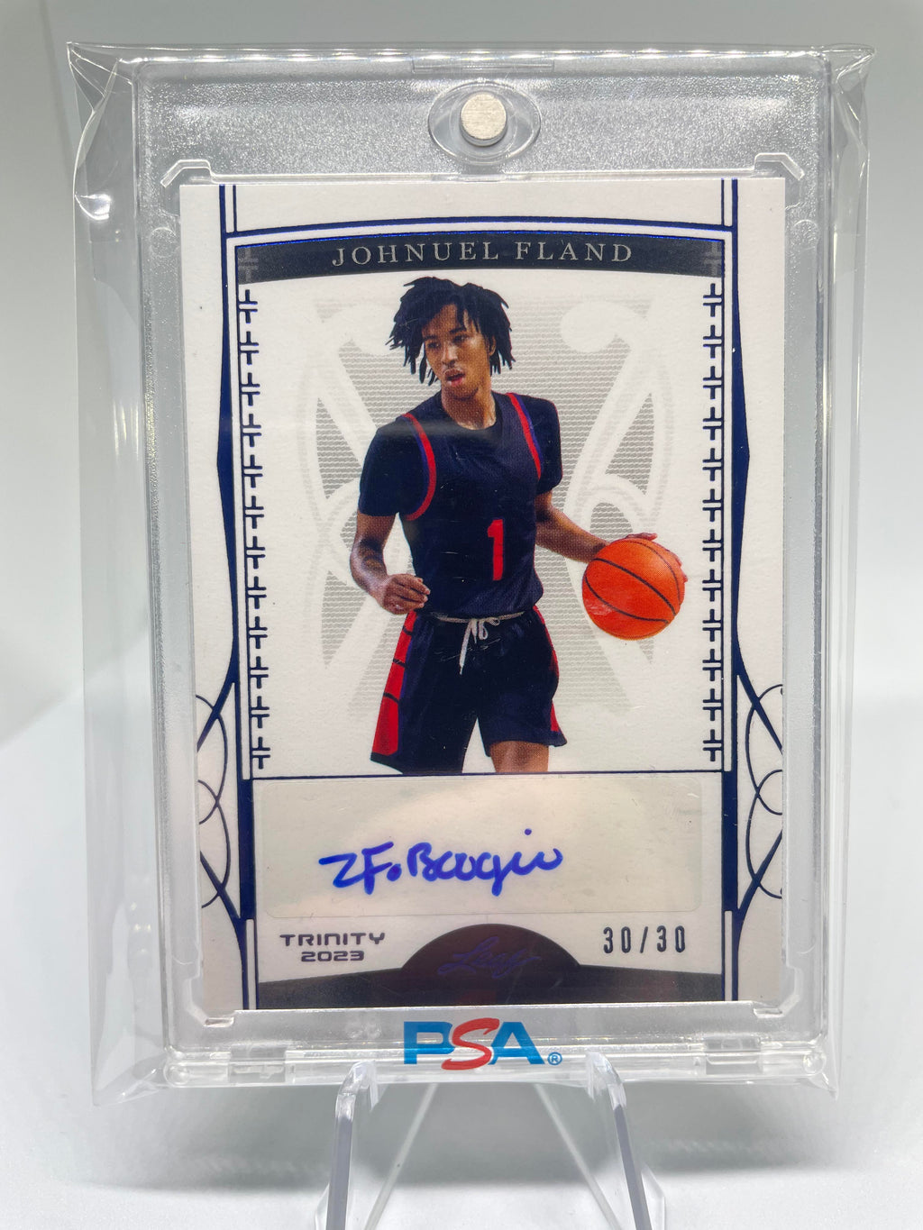 2022-23 Leaf Trinity Johnuel Fland Blue Rookie Auto /30