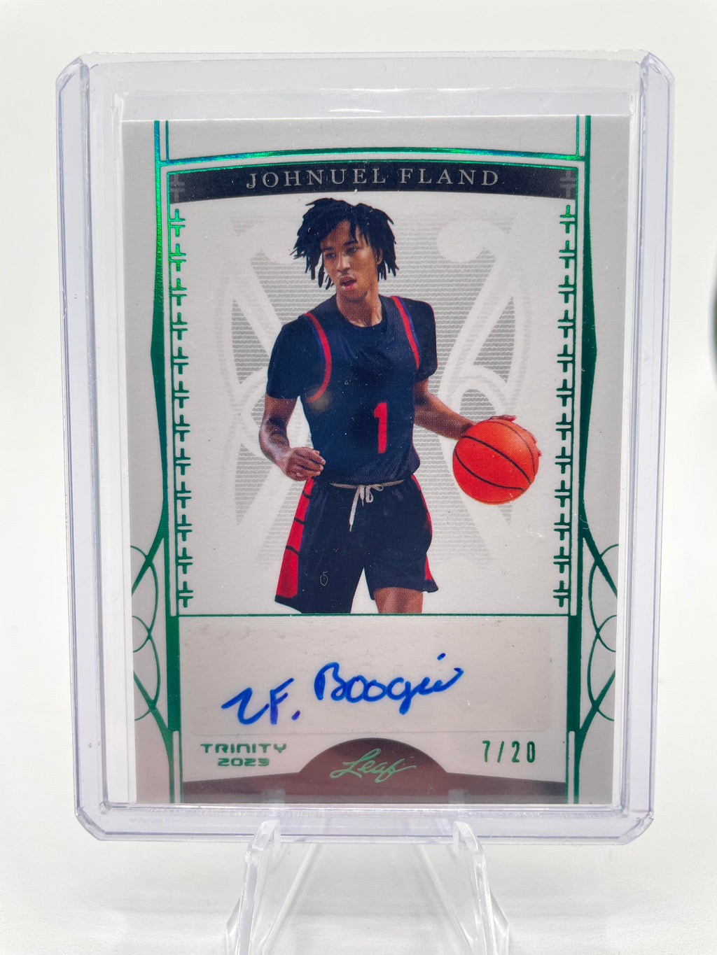 2022-23 Leaf Trinity Johnuel Fland Holo Green Rookie Auto /20