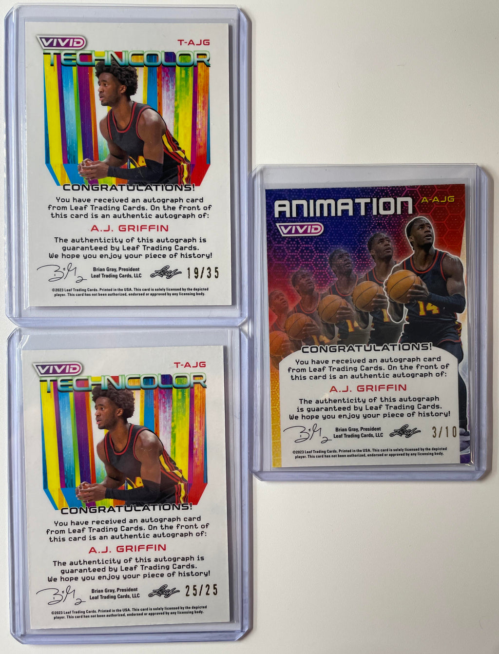 2022-23 Leaf Vivid AJ Griffin Rookie Auto Set (x3) Animation /10 White /25 + /35