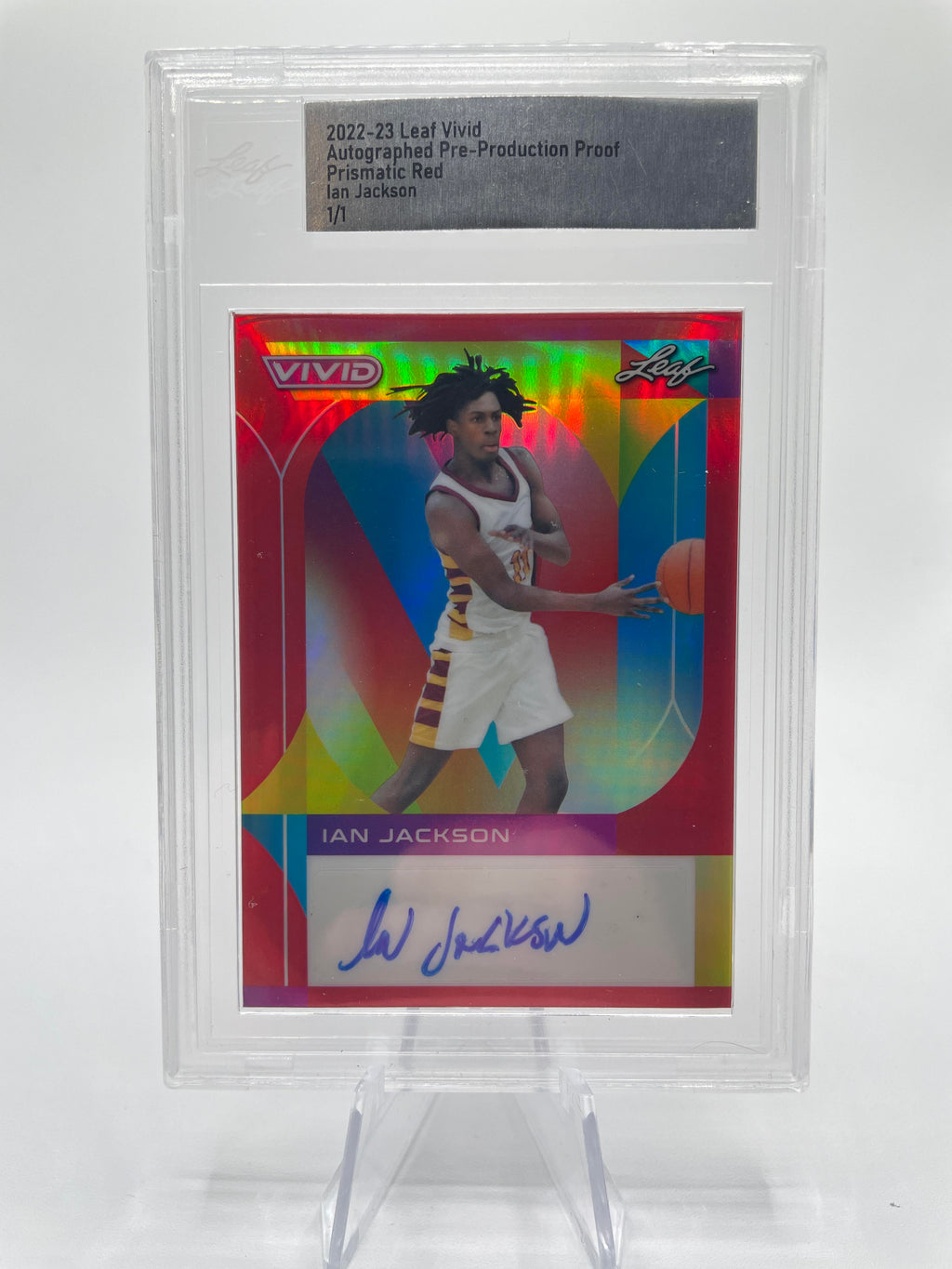 2022-23 Leaf Vivid Ian Jackson 1/1 Red Prizm Pre-Production Proof Rookie Auto