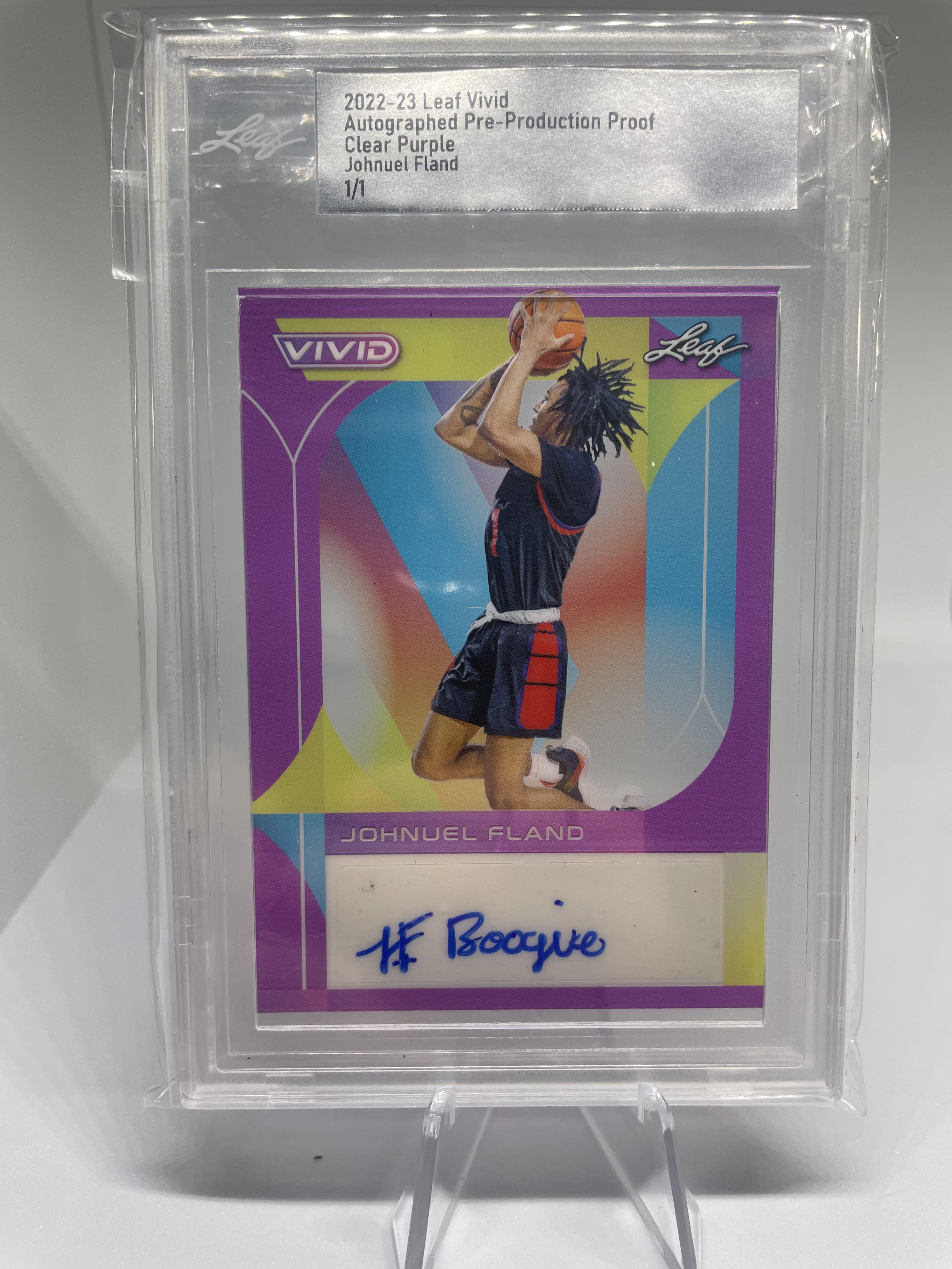 2022-23 Leaf Vivid Johnuel Fland 1/1 Clear Purple Production Proof Rookie Auto