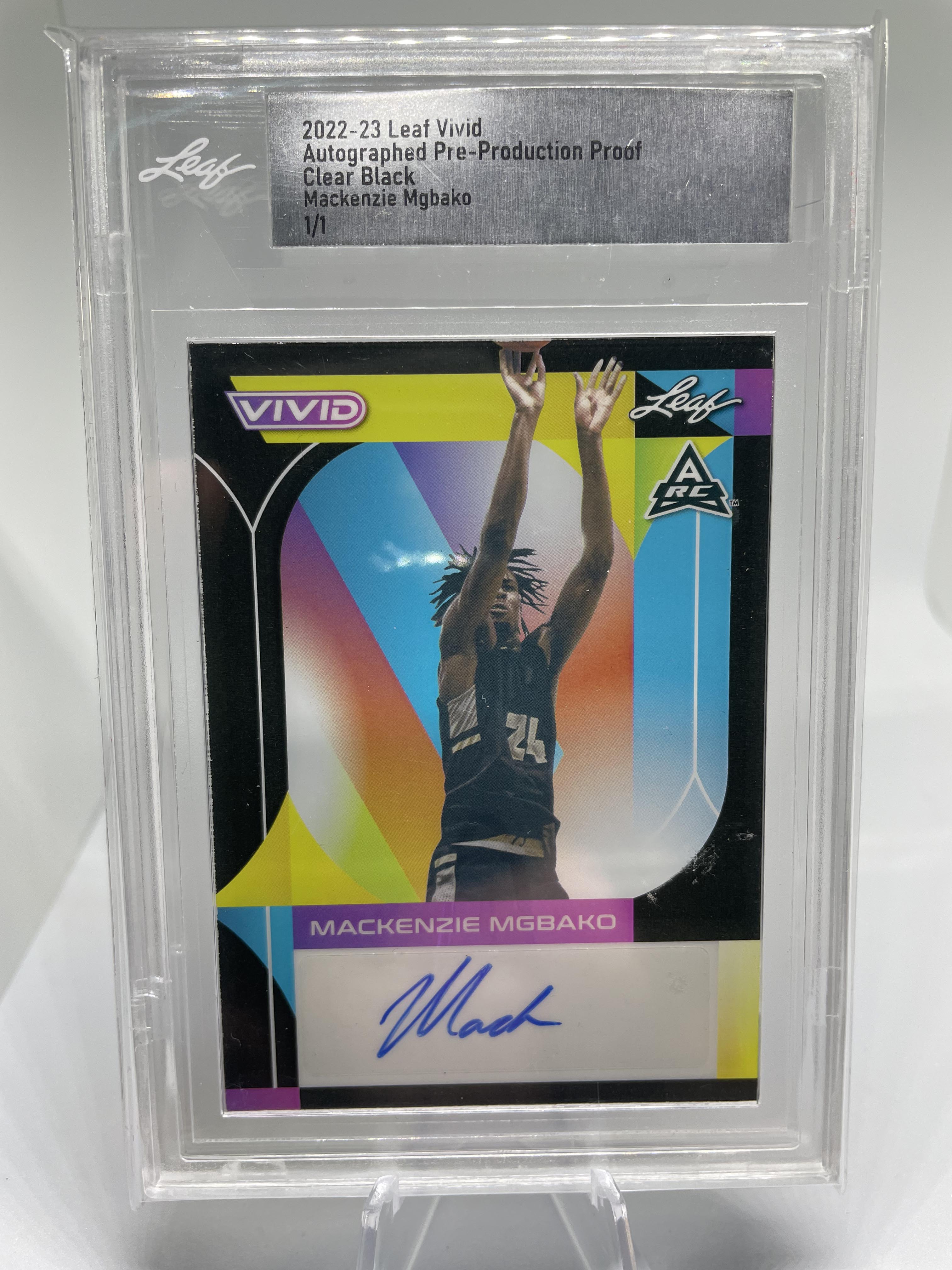 2022-23 Leaf Vivid Mackenzie Mgbako Clear Black Production Proof Rookie Auto 1/1