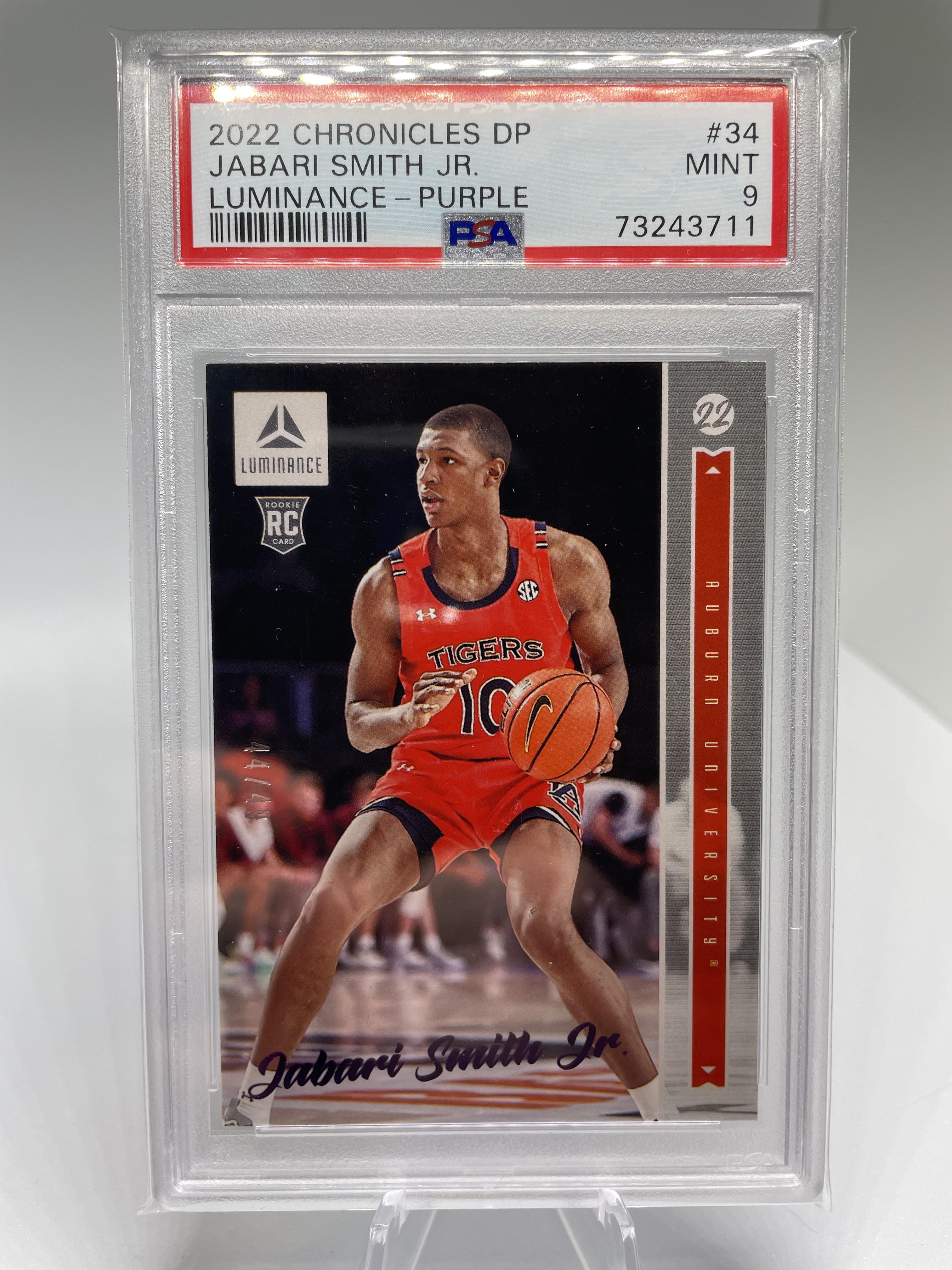 2022-23 Panini Chronicles Draft Jabari Smith Luminance Purple Rookie /49 PSA 9