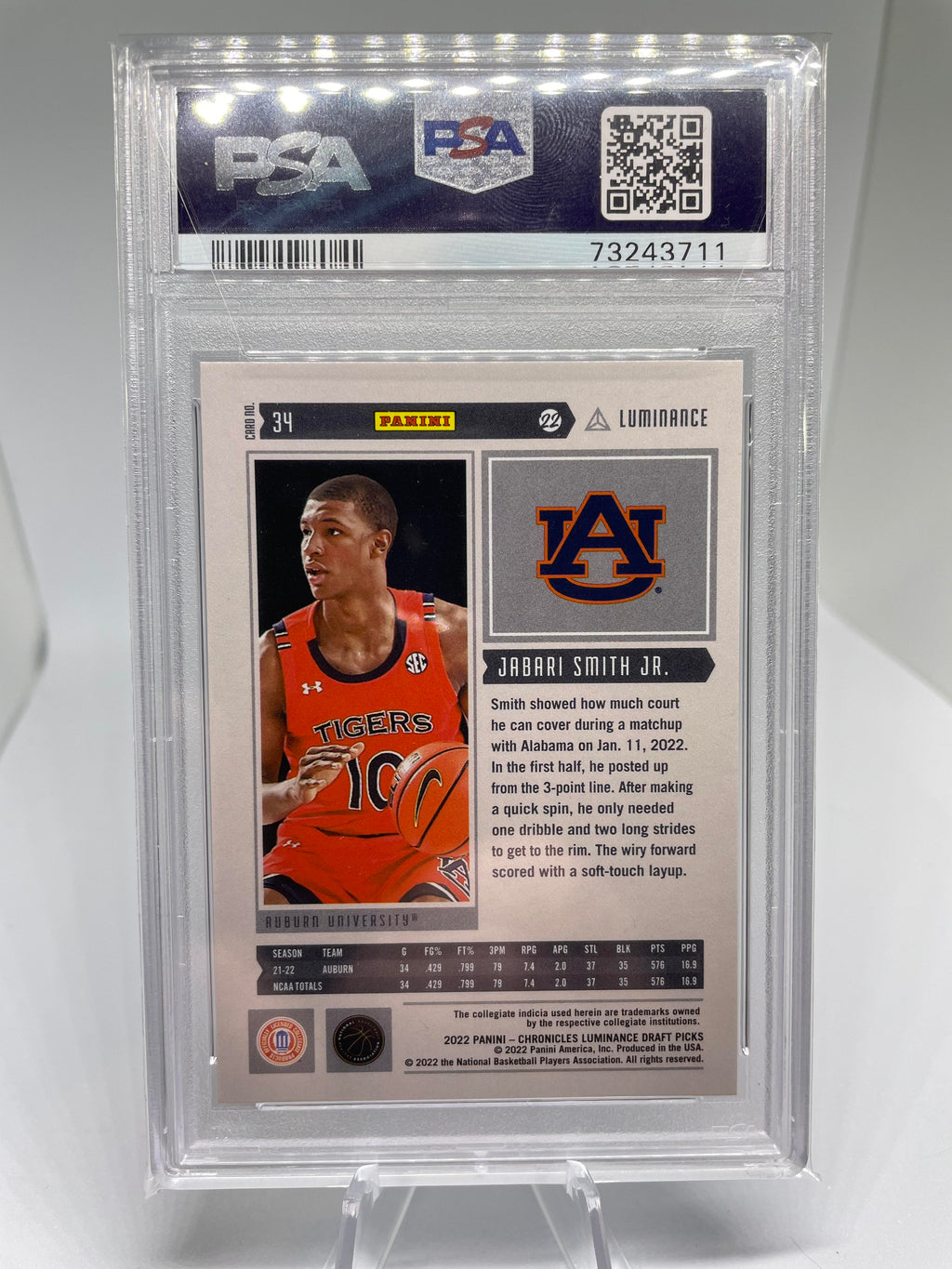 2022-23 Panini Chronicles Draft Jabari Smith Luminance Purple Rookie /49 PSA 9