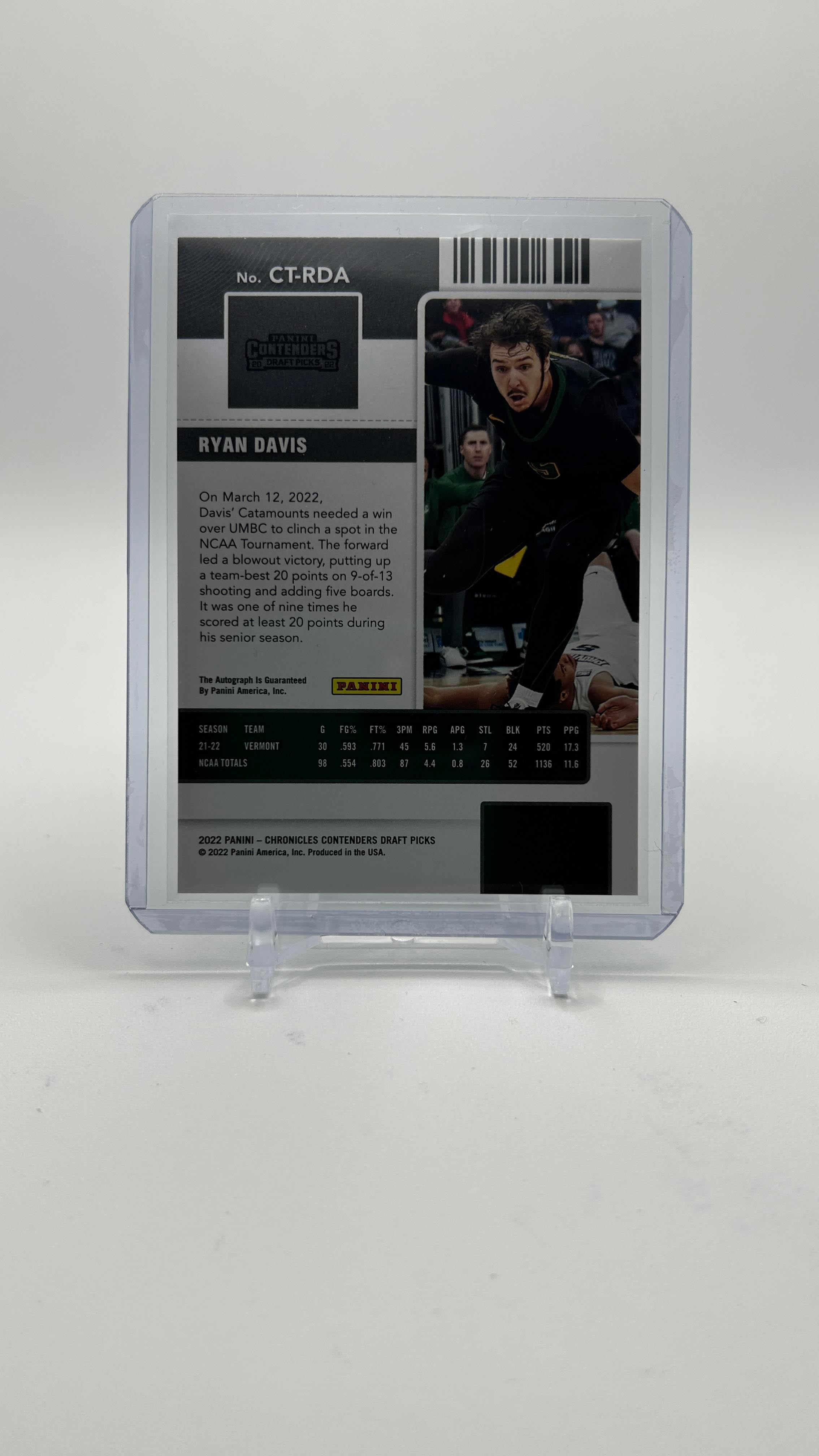 2022-23 Panini Chronicles Draft Picks Ryan Davis College Ticket Rookie Auto