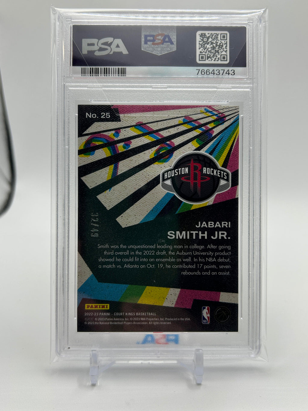 2022-23 Panini Court Kings Jabari Smith Jr. Maestros Violet Rookie /49 PSA 9