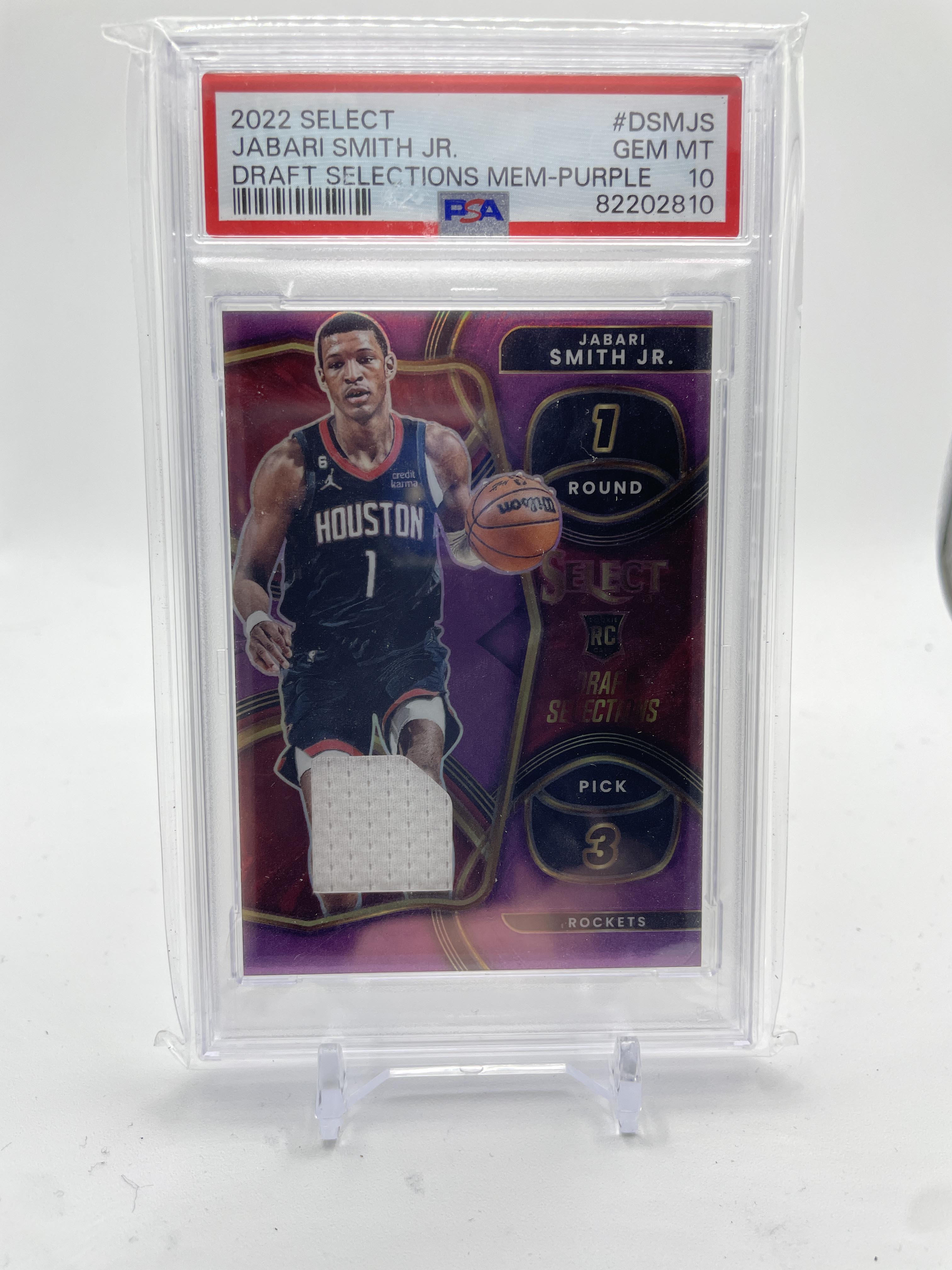 2022-23 Panini Select Jabari Smith Selections Purple Prizm Patch RC /99 PSA 10